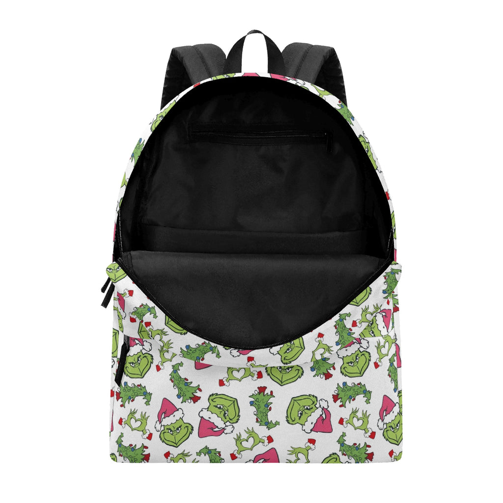 Grinch Backpack Pink Santa Hat, Christmas Tree Pattern, White Background, Cute Holiday Gift, School Travel Bag BPGR33