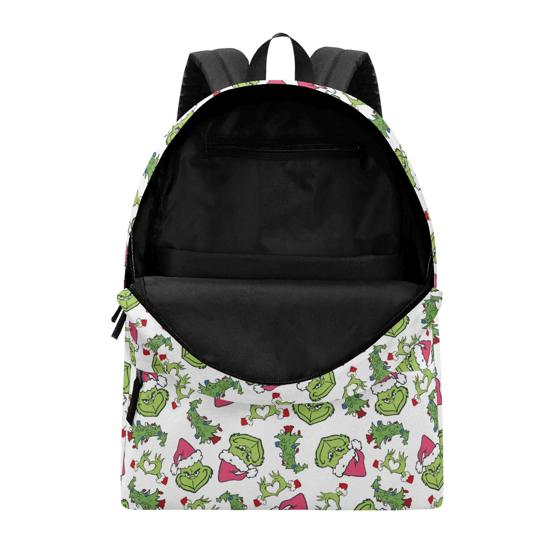 Grinch Backpack Pink Santa Hat, Christmas Tree Pattern, White Background, Cute Holiday Gift, School Travel Bag BPGR33