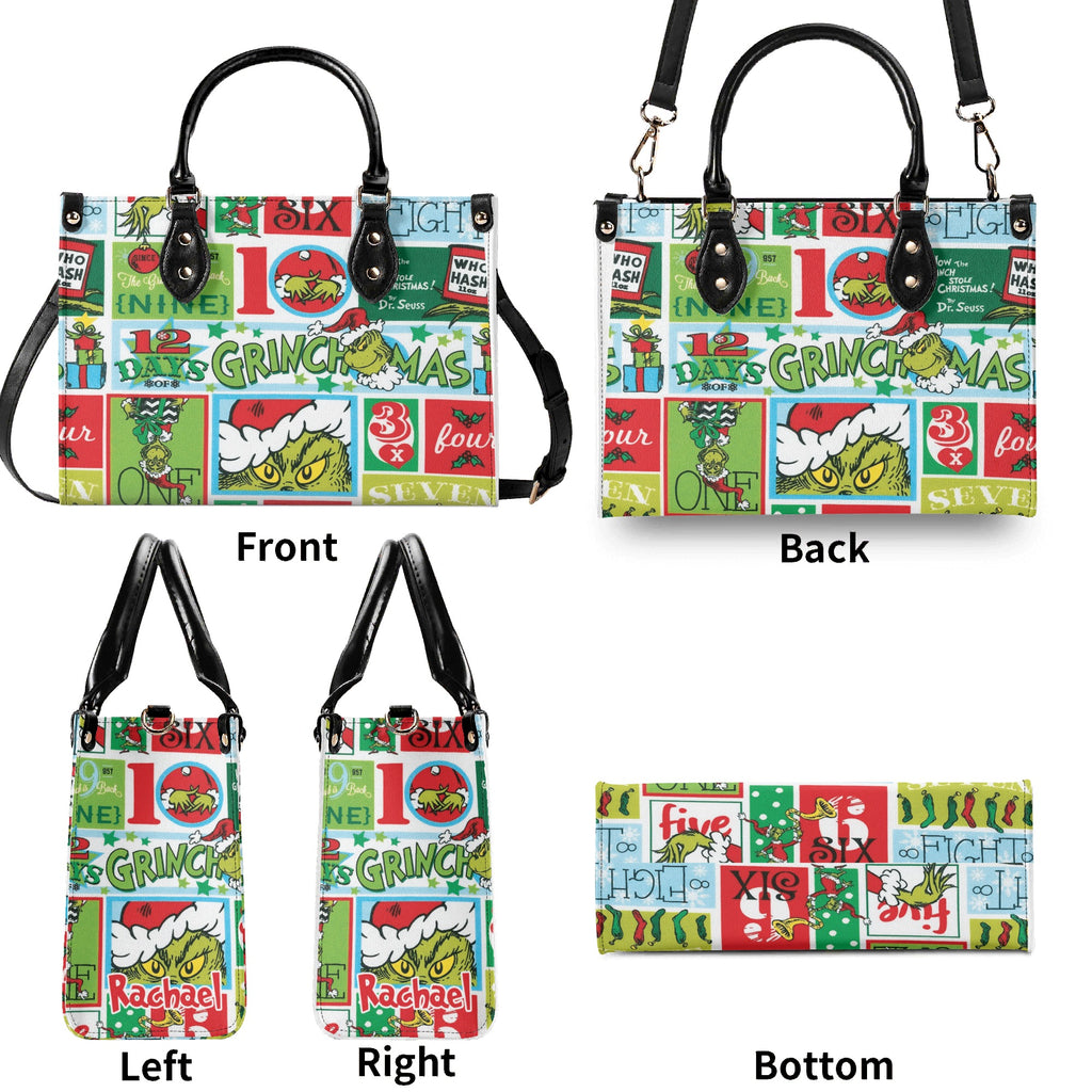Retro Grinchmas Pattern HandBag, 12 Days of Christmas Purse Leather Bag, Whoville Lover Gift Bag, Holiday Handbag for Women