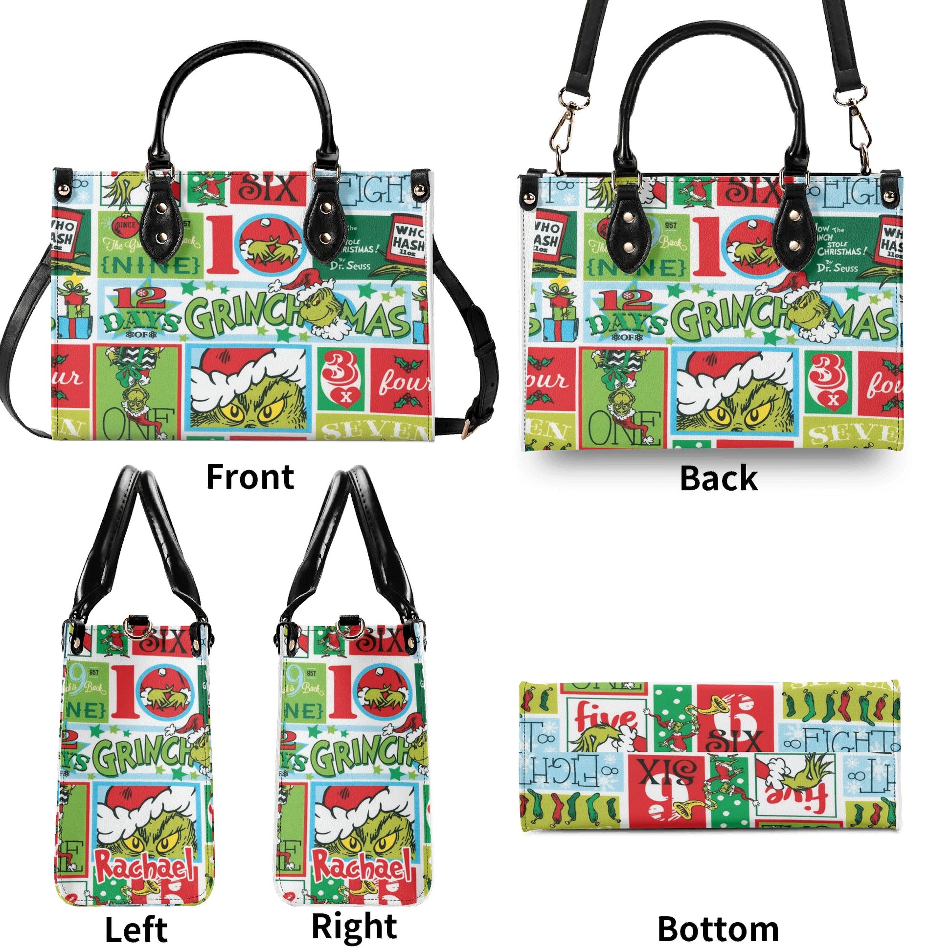Retro Grinchmas Pattern HandBag, 12 Days of Christmas Purse Leather Bag, Whoville Lover Gift Bag, Holiday Handbag for Women
