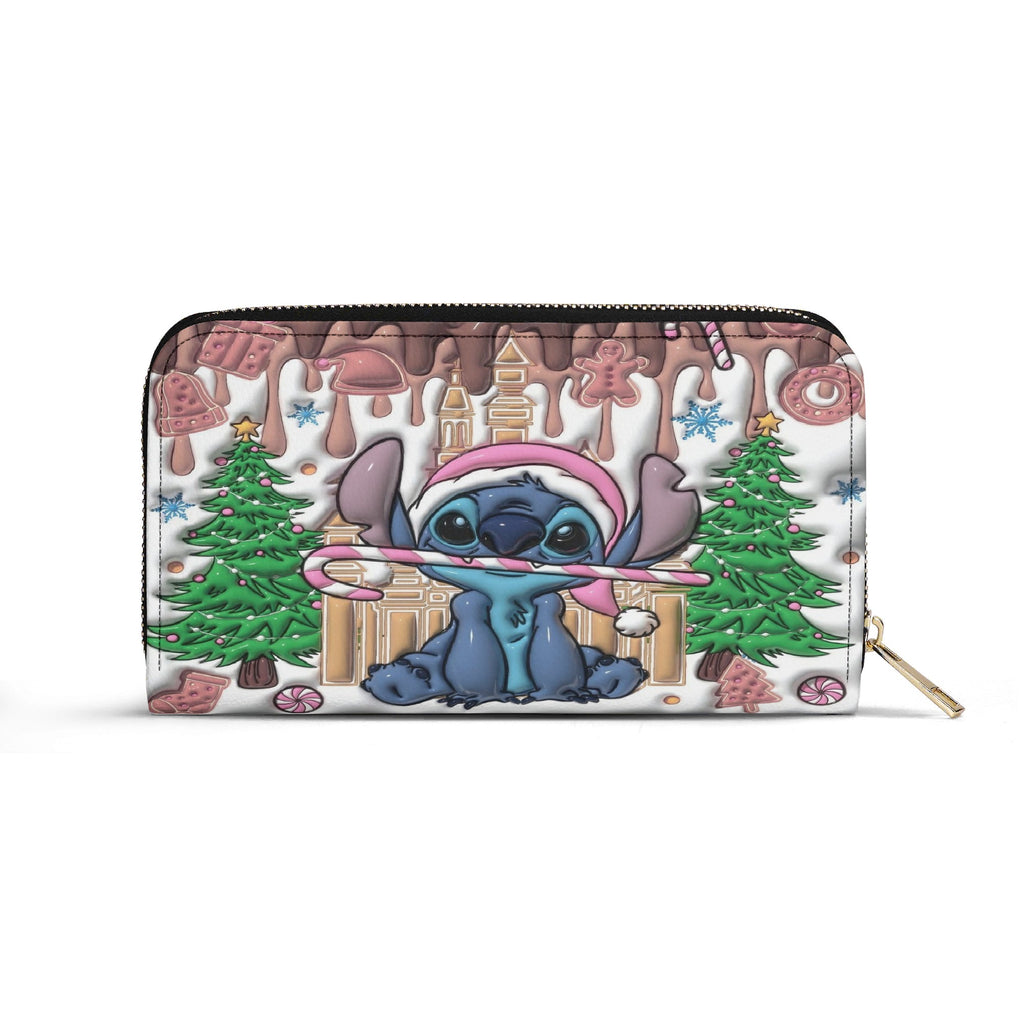 Stitch Gingerbread Christmas Handbag, Holiday Leather Purse with Candy Cane & Xmas Tree Print