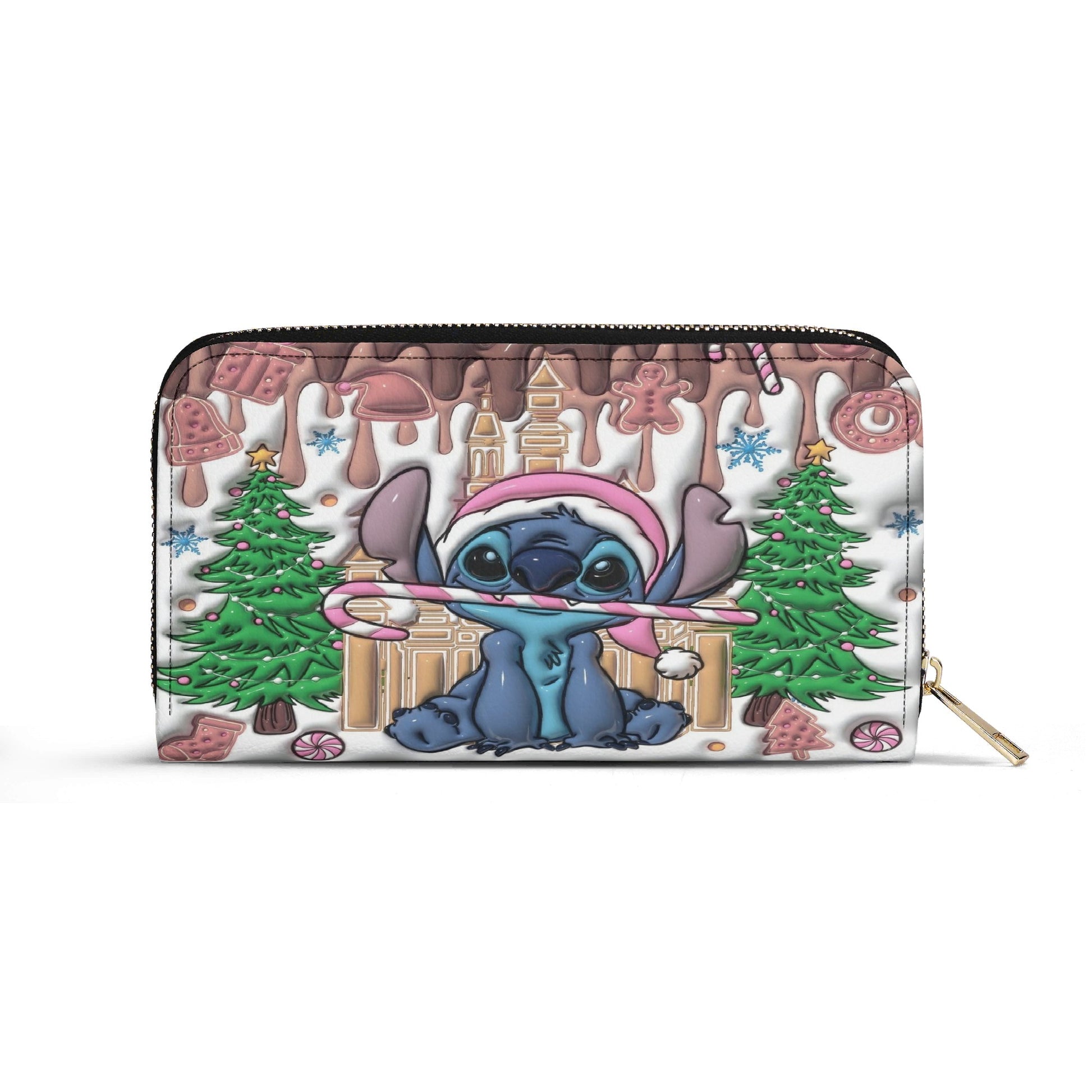 Stitch Gingerbread Christmas Handbag, Holiday Leather Purse with Candy Cane & Xmas Tree Print