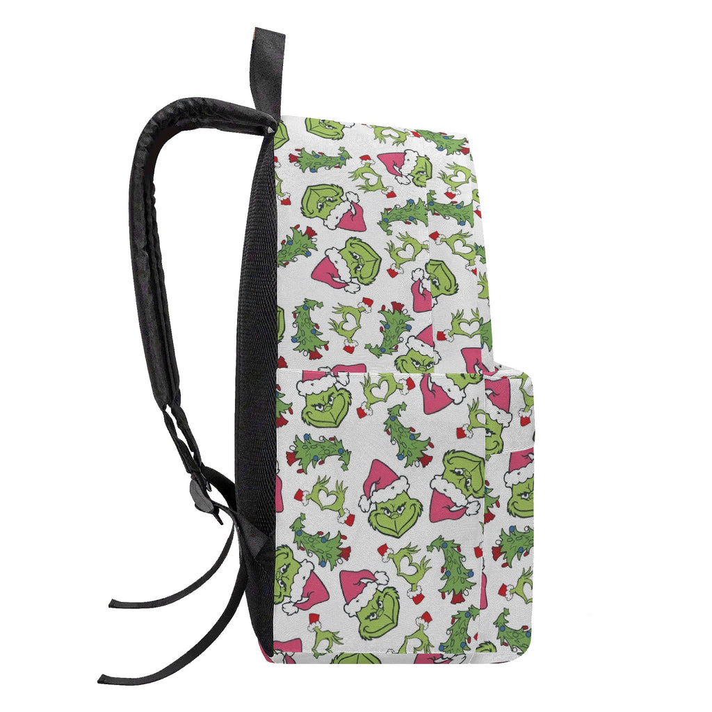 Grinch Backpack Pink Santa Hat, Christmas Tree Pattern, White Background, Cute Holiday Gift, School Travel Bag BPGR33