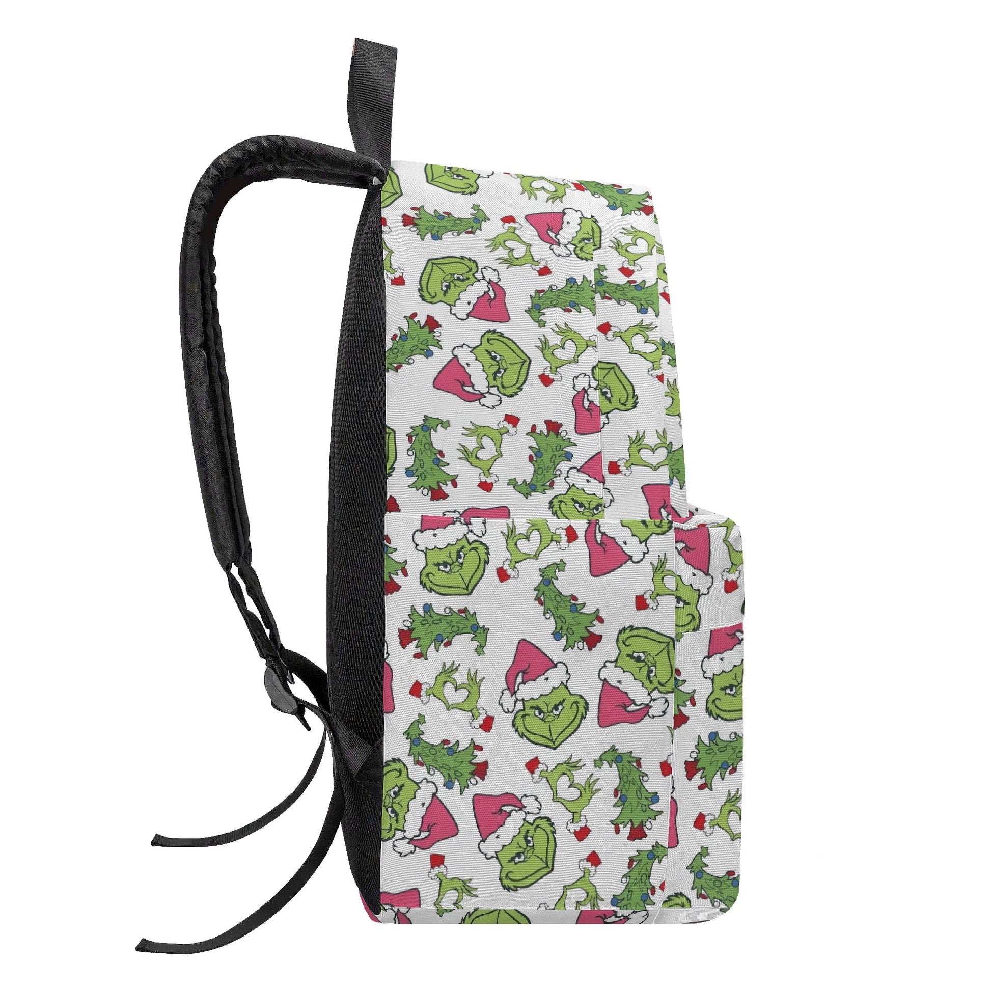 Grinch Backpack Pink Santa Hat, Christmas Tree Pattern, White Background, Cute Holiday Gift, School Travel Bag BPGR33
