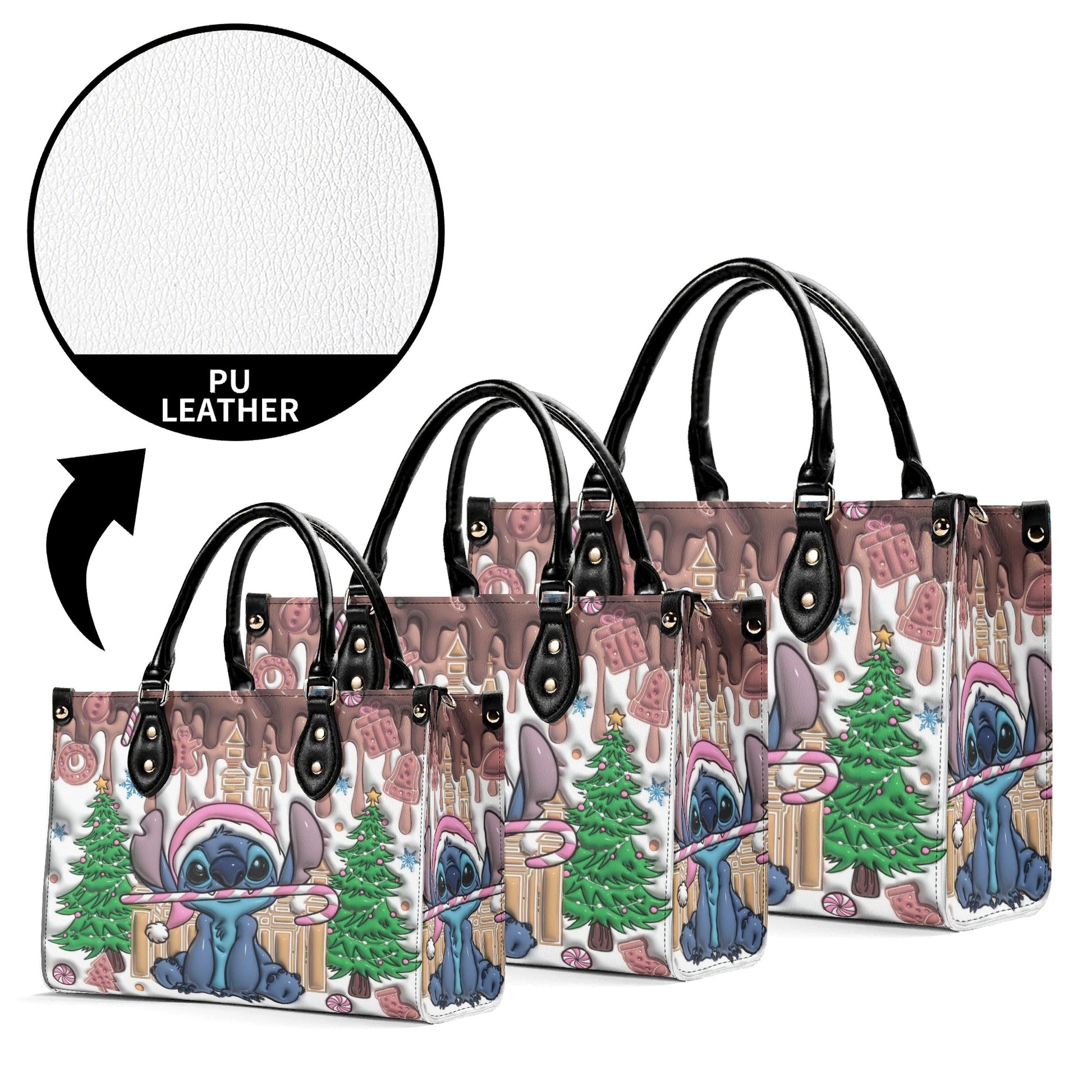 Stitch Gingerbread Christmas Handbag, Holiday Leather Purse with Candy Cane & Xmas Tree Print