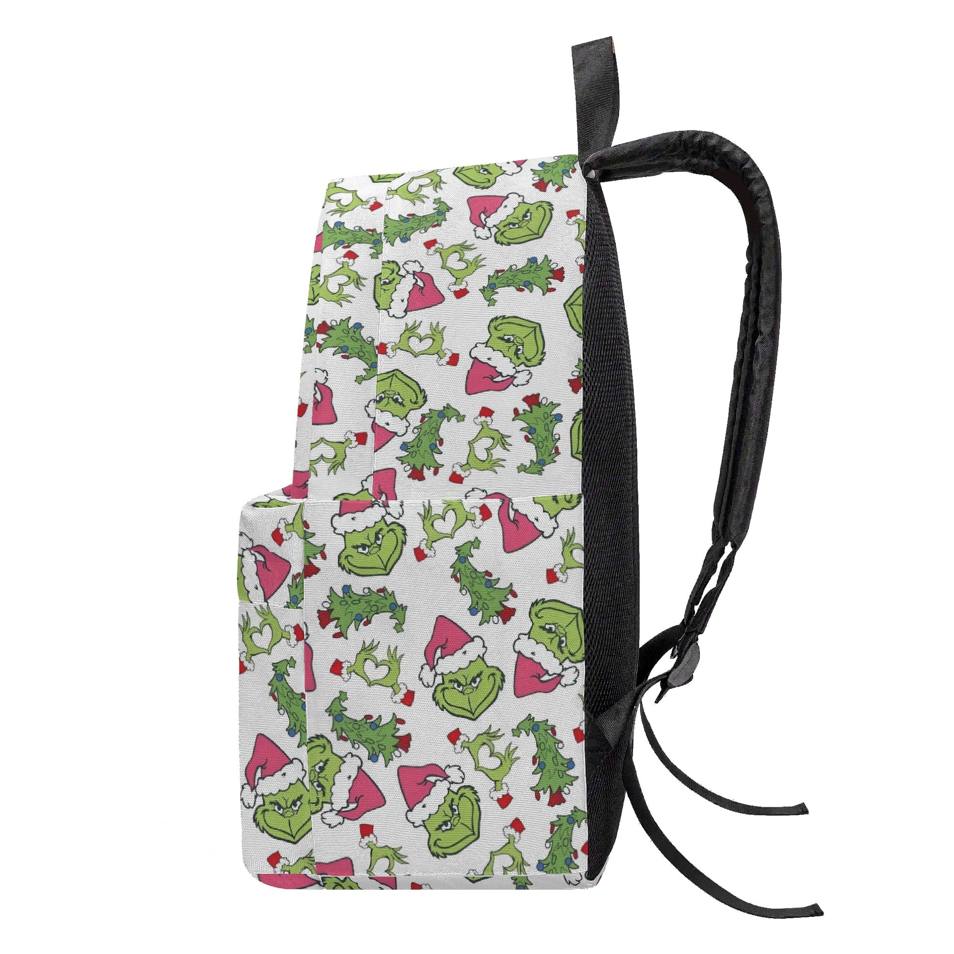 Grinch Backpack Pink Santa Hat, Christmas Tree Pattern, White Background, Cute Holiday Gift, School Travel Bag BPGR33