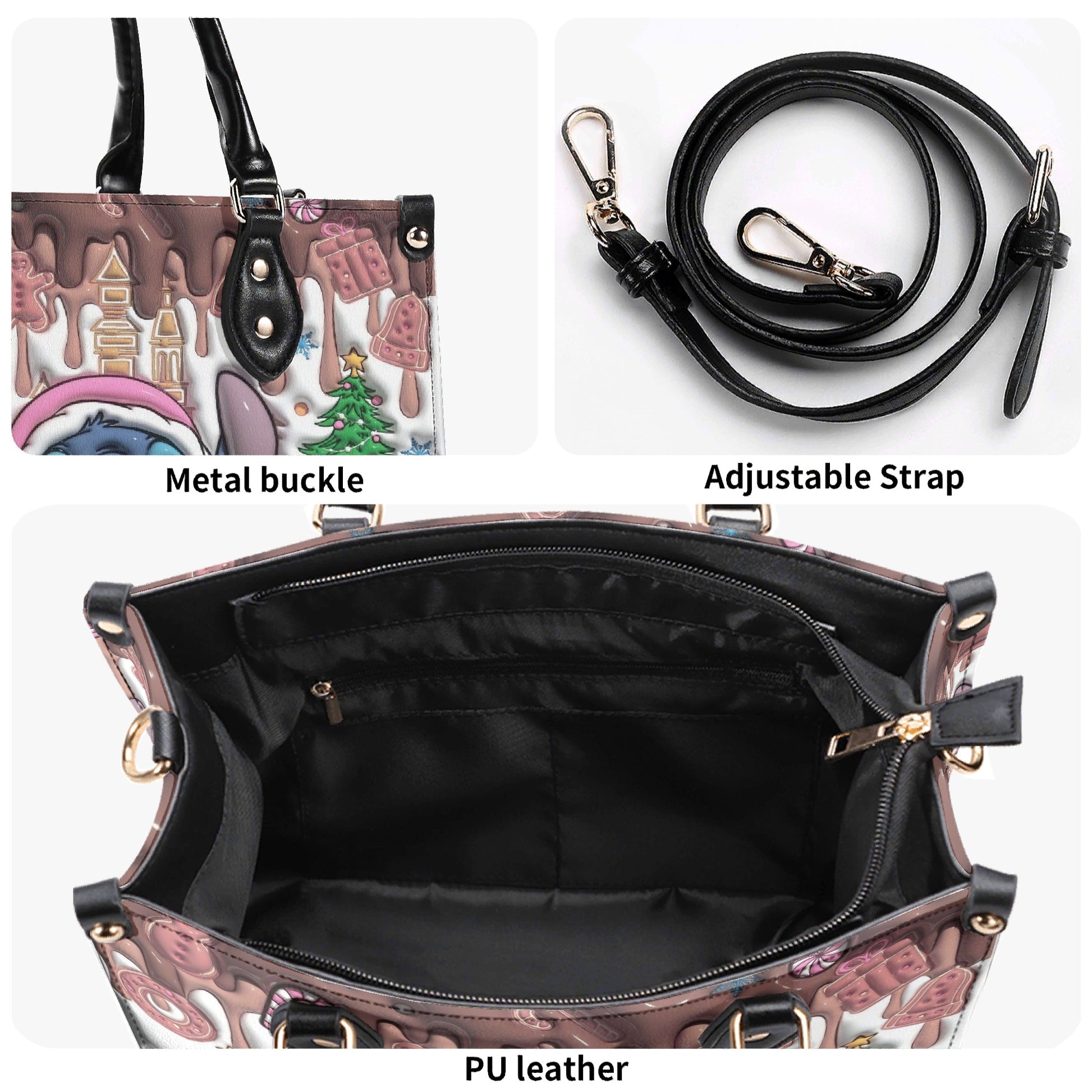 Stitch Gingerbread Christmas Handbag, Holiday Leather Purse with Candy Cane & Xmas Tree Print