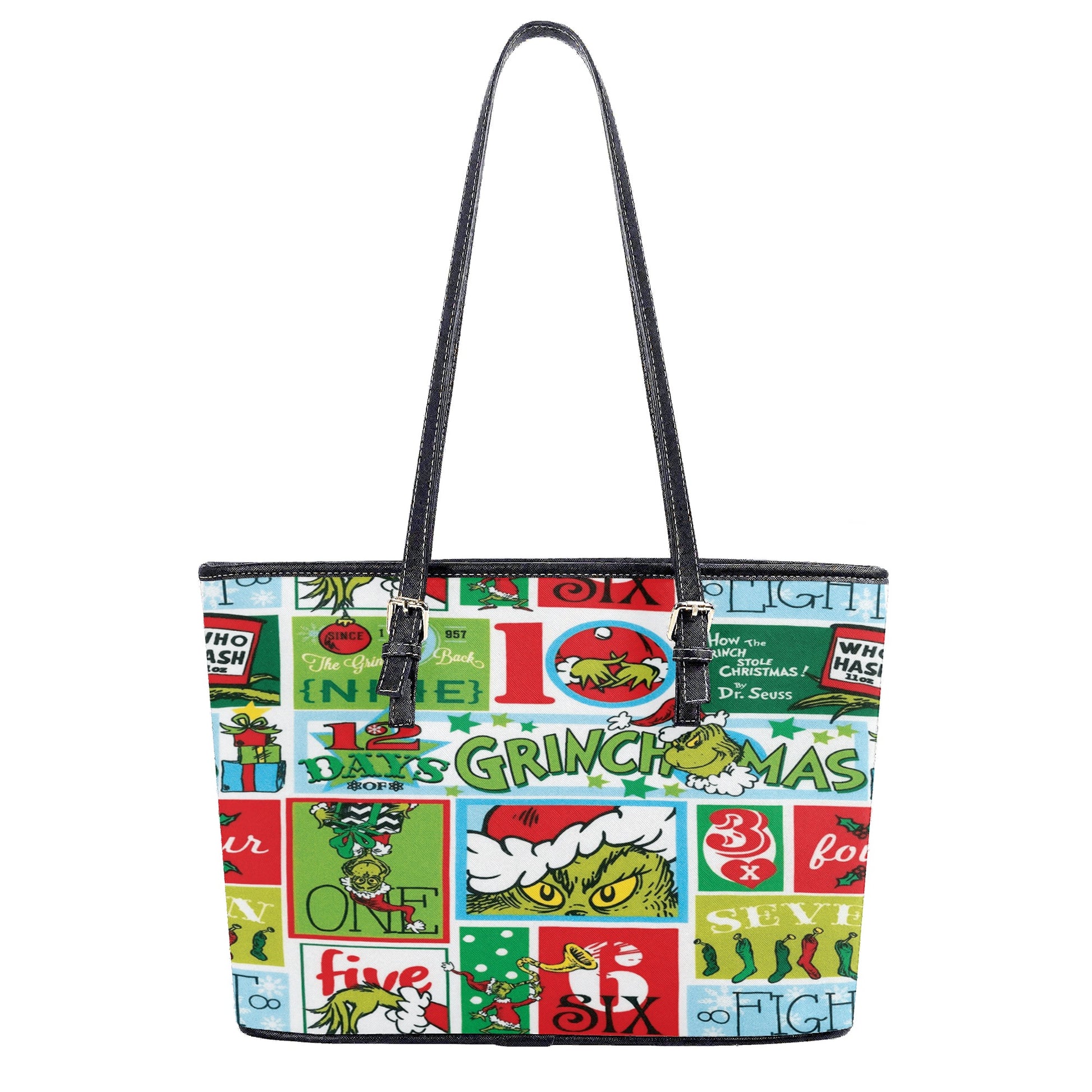 Retro Grinchmas Pattern HandBag, 12 Days of Christmas Purse Leather Bag, Whoville Lover Gift Bag, Holiday Handbag for Women
