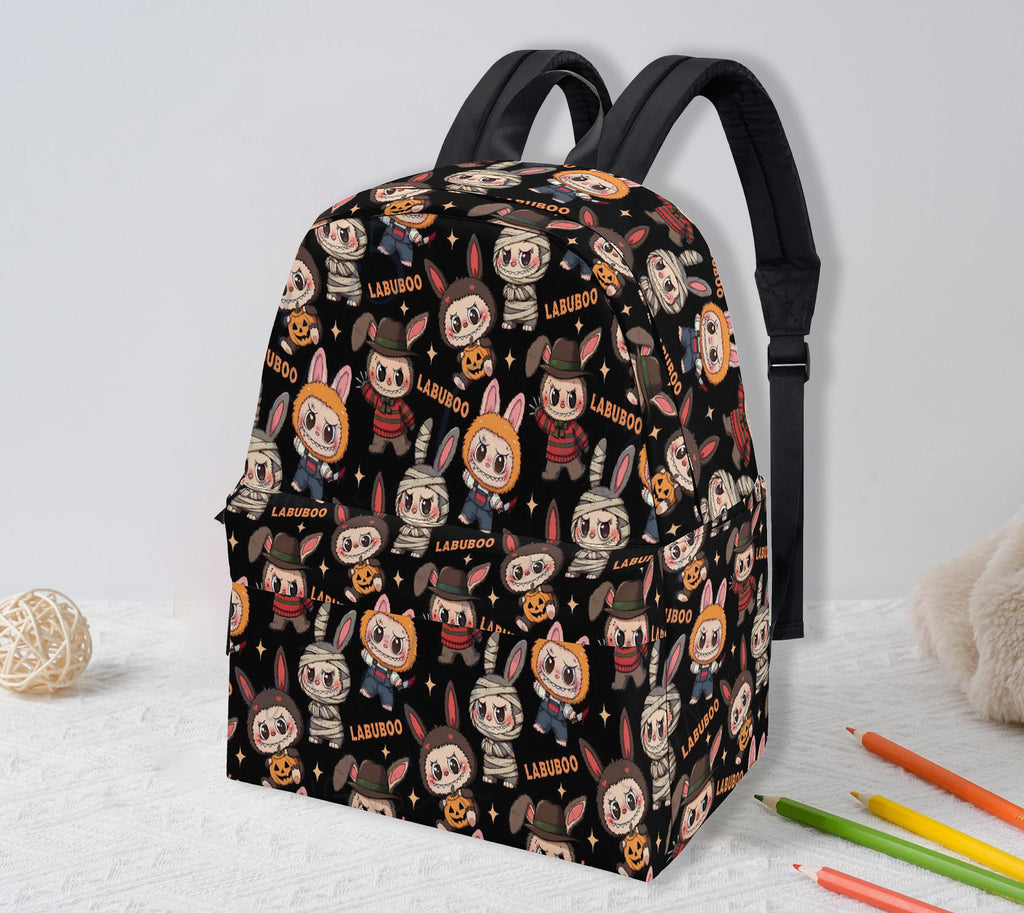 Spooky Labubu Halloween Backpack, Horror Costume Cartoon School Bag with Freddy, Jason, Mummy & Pumpkins, Creepy Cute Bookbag for Fans BPGR07
