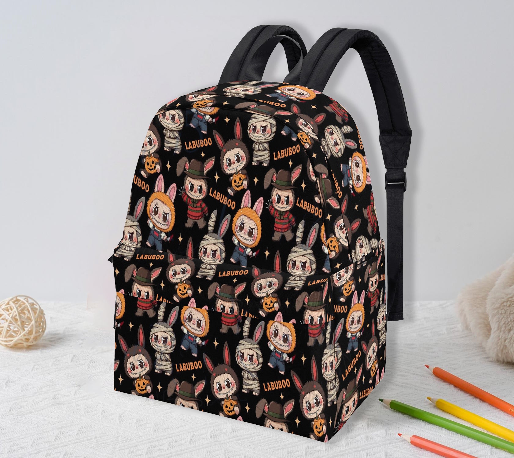 Spooky Labubu Halloween Backpack, Horror Costume Cartoon School Bag with Freddy, Jason, Mummy & Pumpkins, Creepy Cute Bookbag for Fans BPGR07