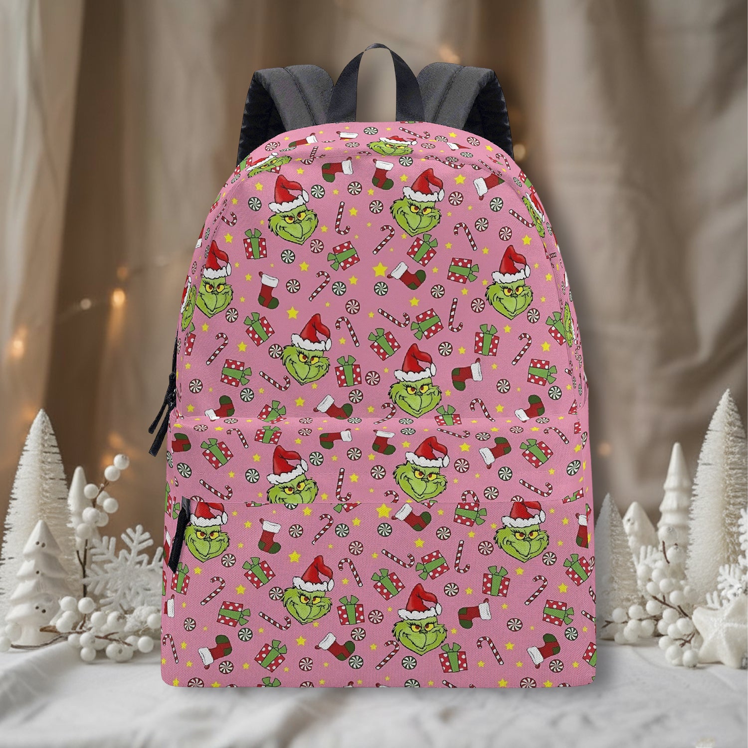 Grinch Backpack Pink, Cute Holiday Pattern, Christmas Gift for Girls, Funny Allover Print, Travel School Bag BPGR34