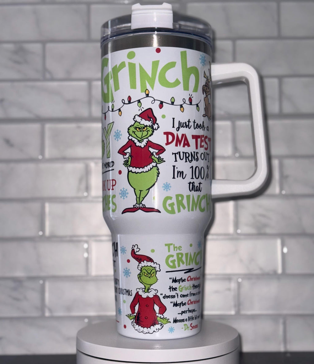 White Grinch Christmas Tumbler, Retro Grinch Pattern, Funny Holiday Gift, Insulated Travel Mug with Handle