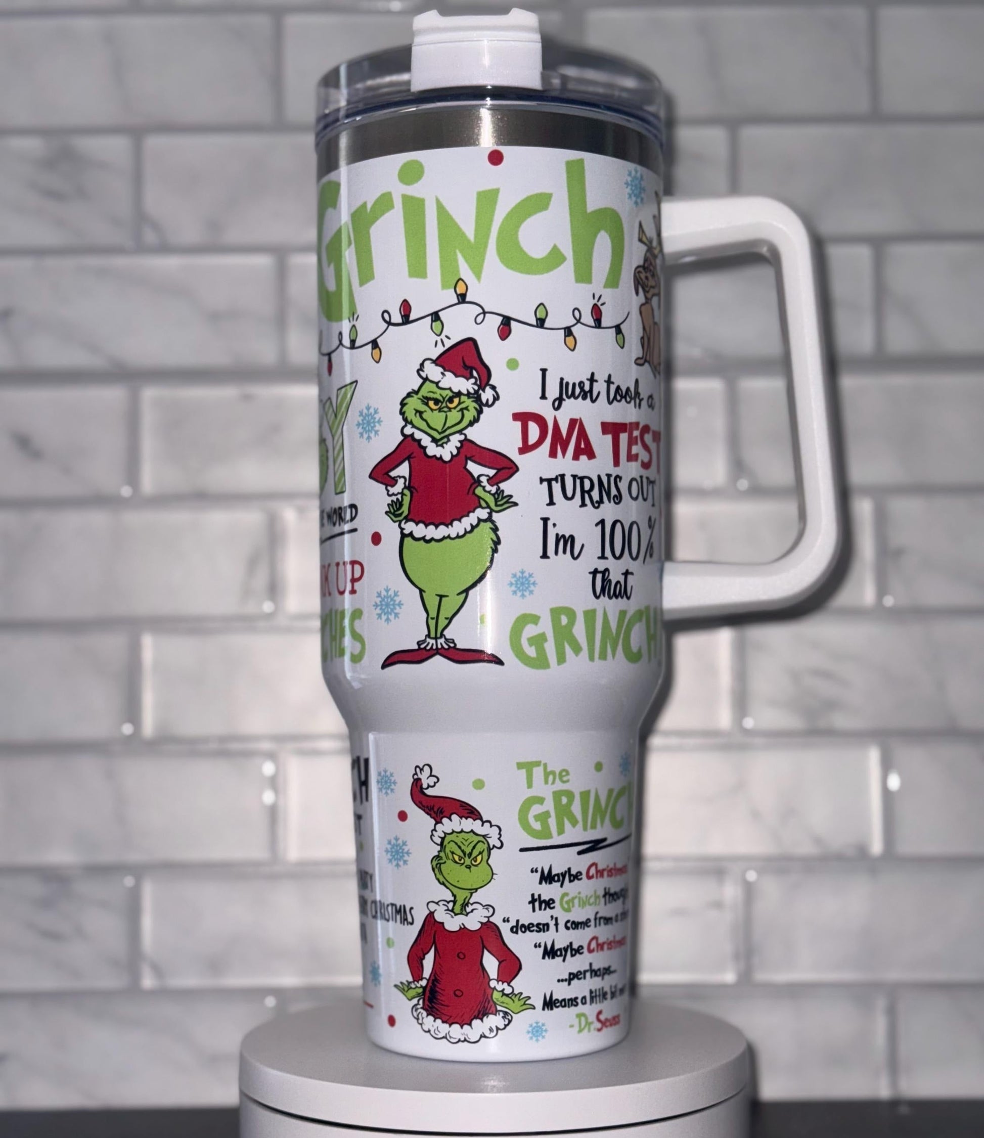 White Grinch Christmas Tumbler, Retro Grinch Pattern, Funny Holiday Gift, Insulated Travel Mug with Handle
