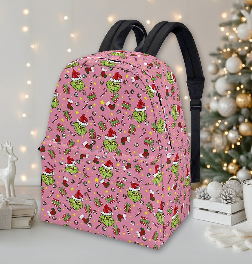 Grinch Backpack Pink, Cute Holiday Pattern, Christmas Gift for Girls, Funny Allover Print, Travel School Bag BPGR34