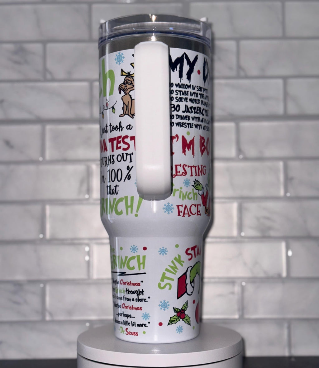 White Grinch Christmas Tumbler, Retro Grinch Pattern, Funny Holiday Gift, Insulated Travel Mug with Handle