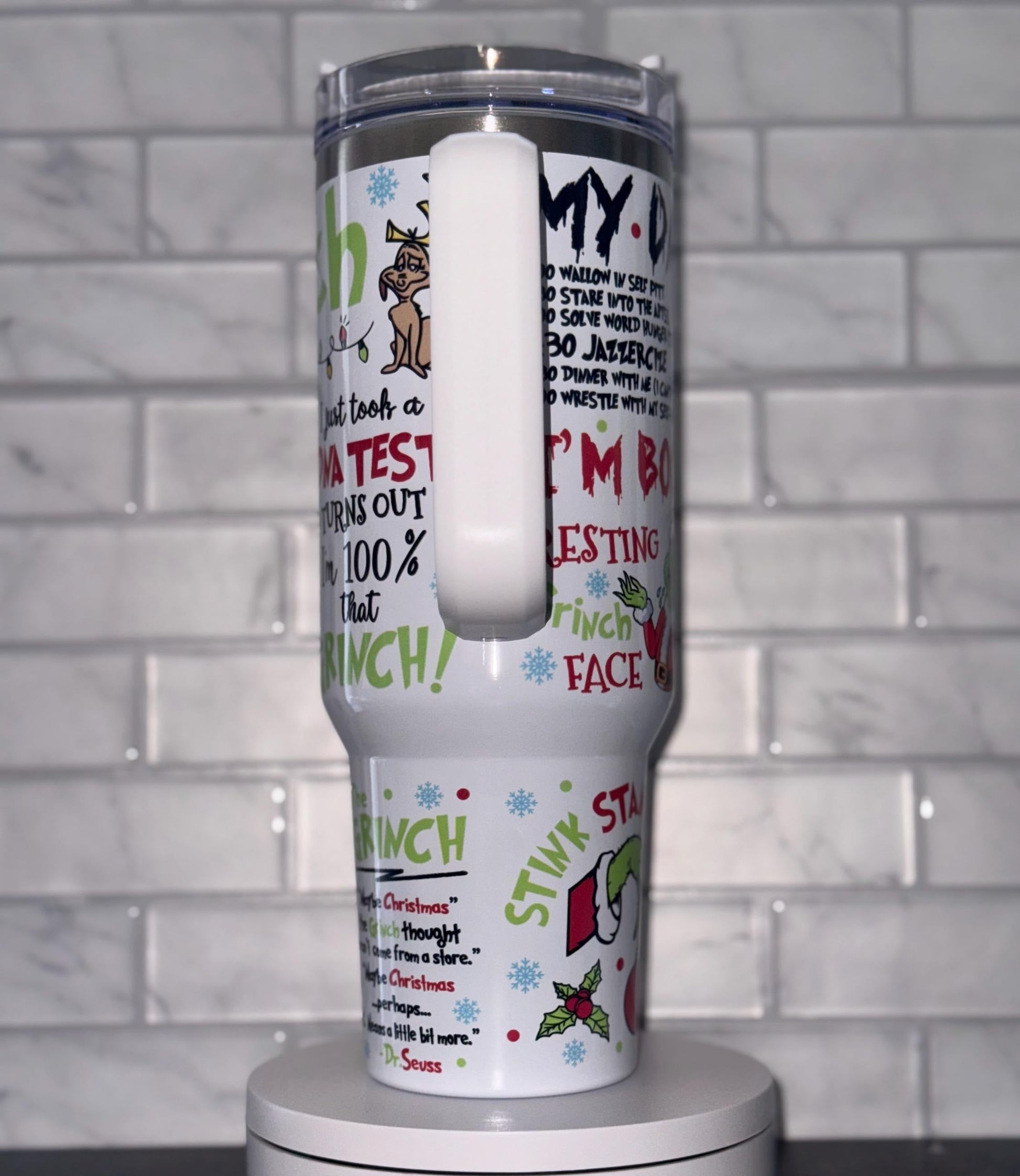 White Grinch Christmas Tumbler, Retro Grinch Pattern, Funny Holiday Gift, Insulated Travel Mug with Handle