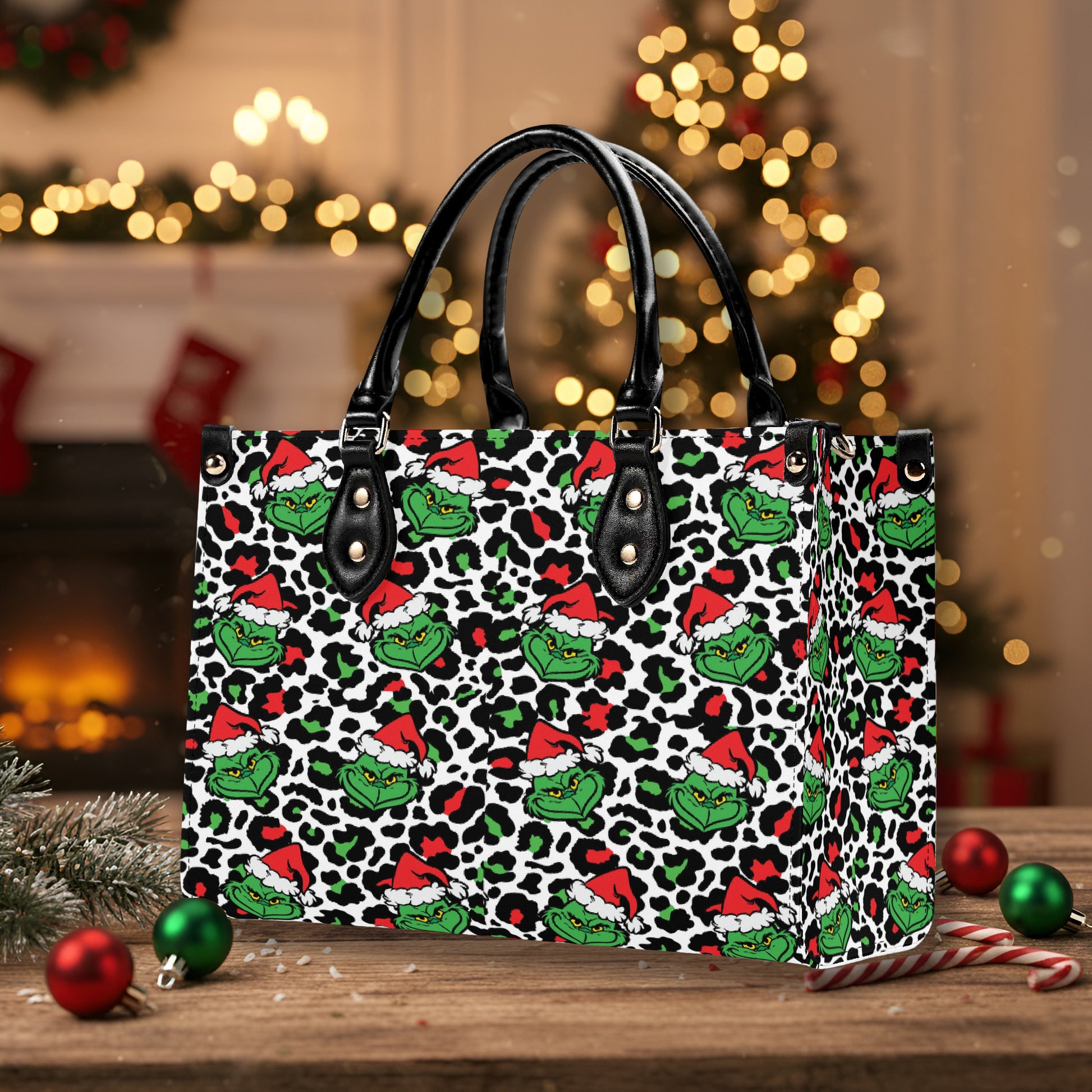 Leopard Grinch Santa Hand Bag, Animal Print Christmas Purse, Funny Holiday Leather Bag, Grinchmas Gift for Her