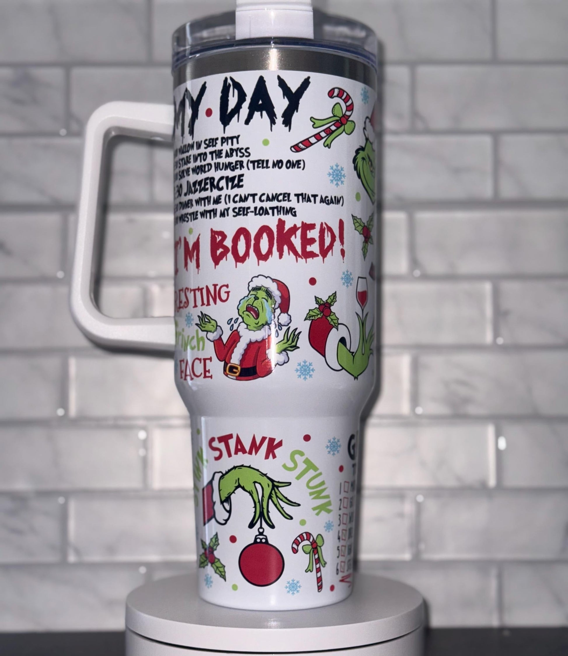 White Grinch Christmas Tumbler, Retro Grinch Pattern, Funny Holiday Gift, Insulated Travel Mug with Handle