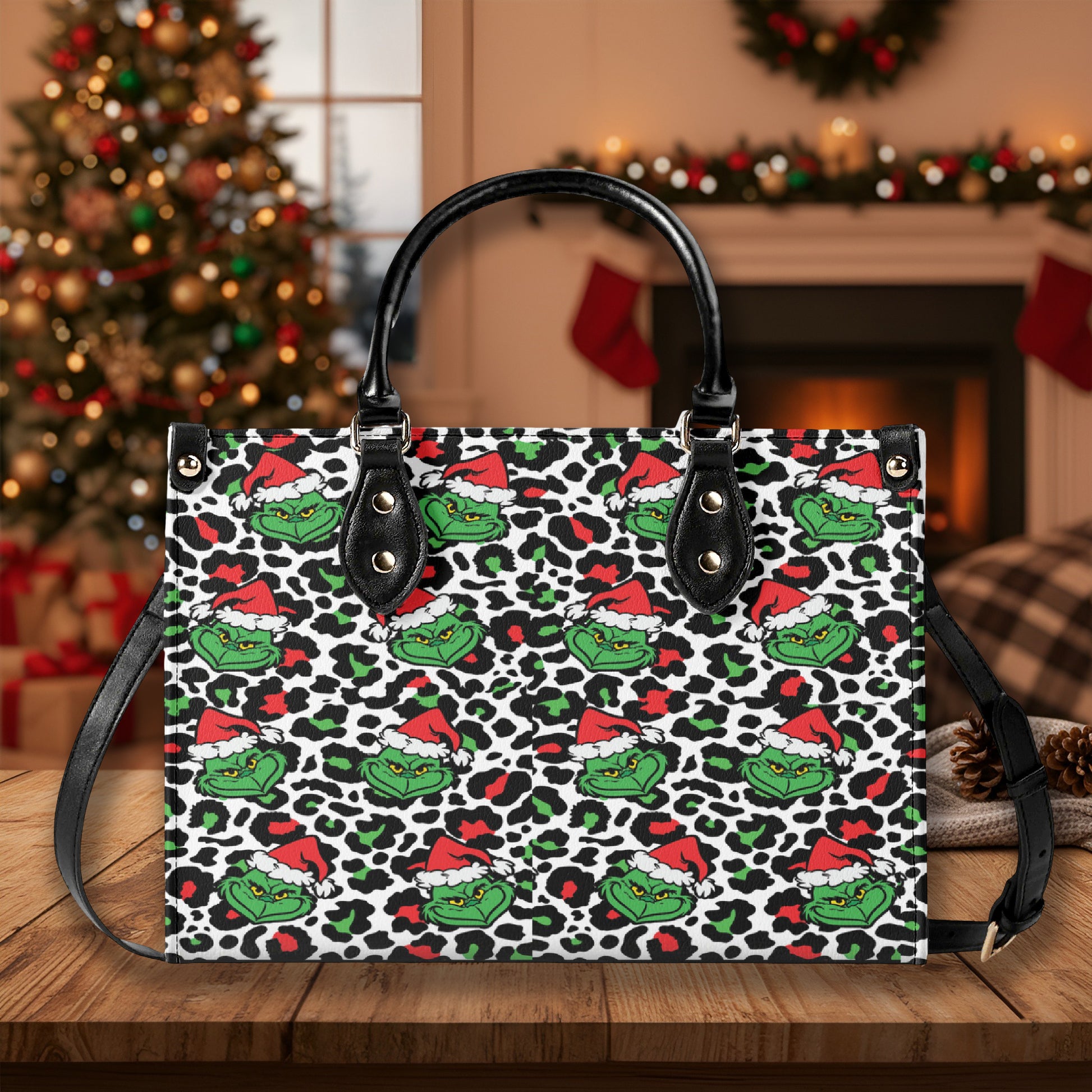 Leopard Grinch Santa Hand Bag, Animal Print Christmas Purse, Funny Holiday Leather Bag, Grinchmas Gift for Her