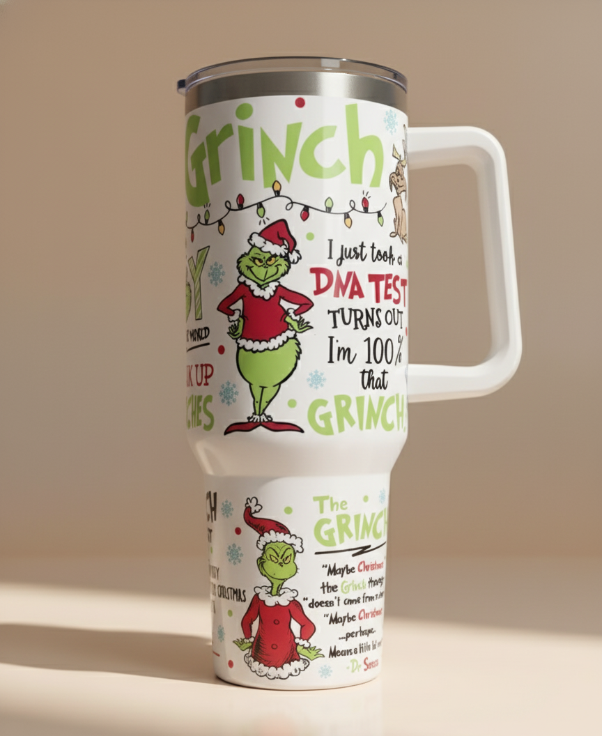 White Grinch Christmas Tumbler, Retro Grinch Pattern, Funny Holiday Gift, Insulated Travel Mug with Handle