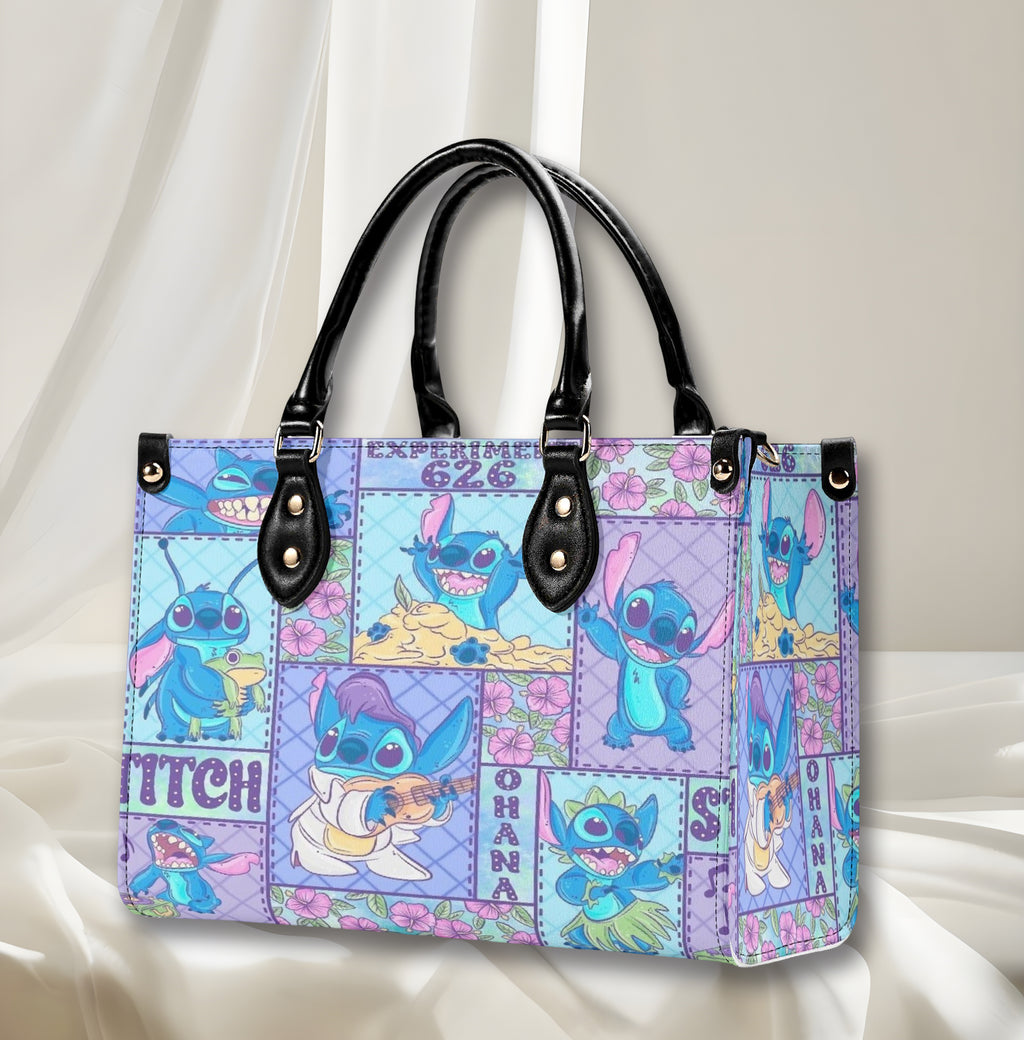Stitch Ohana Leather Handbag, Cute Cartoon Tote Bag with Hawaiian Flowers & Experiment 626 Print