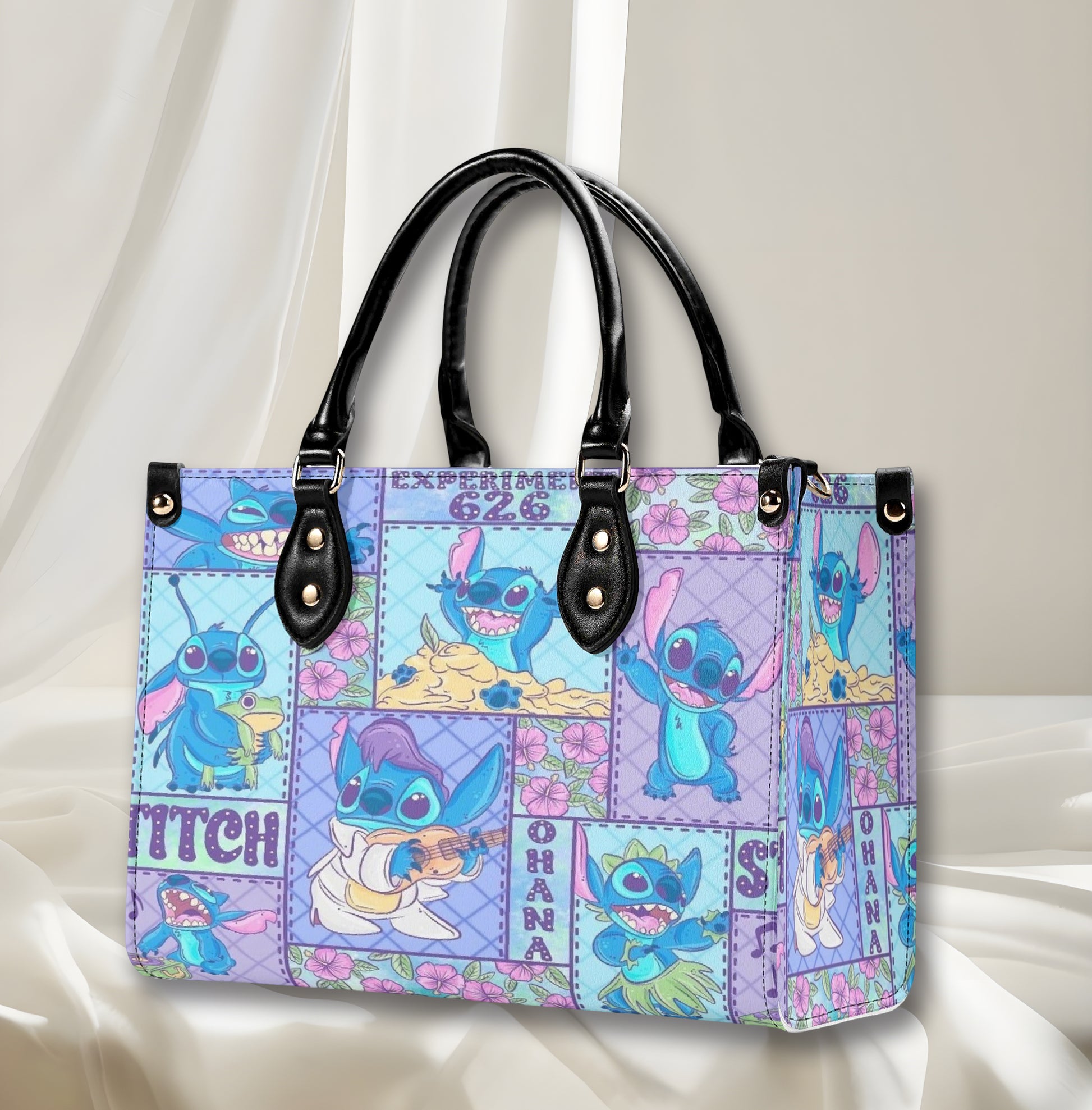 Stitch Ohana Leather Handbag, Cute Cartoon Tote Bag with Hawaiian Flowers & Experiment 626 Print