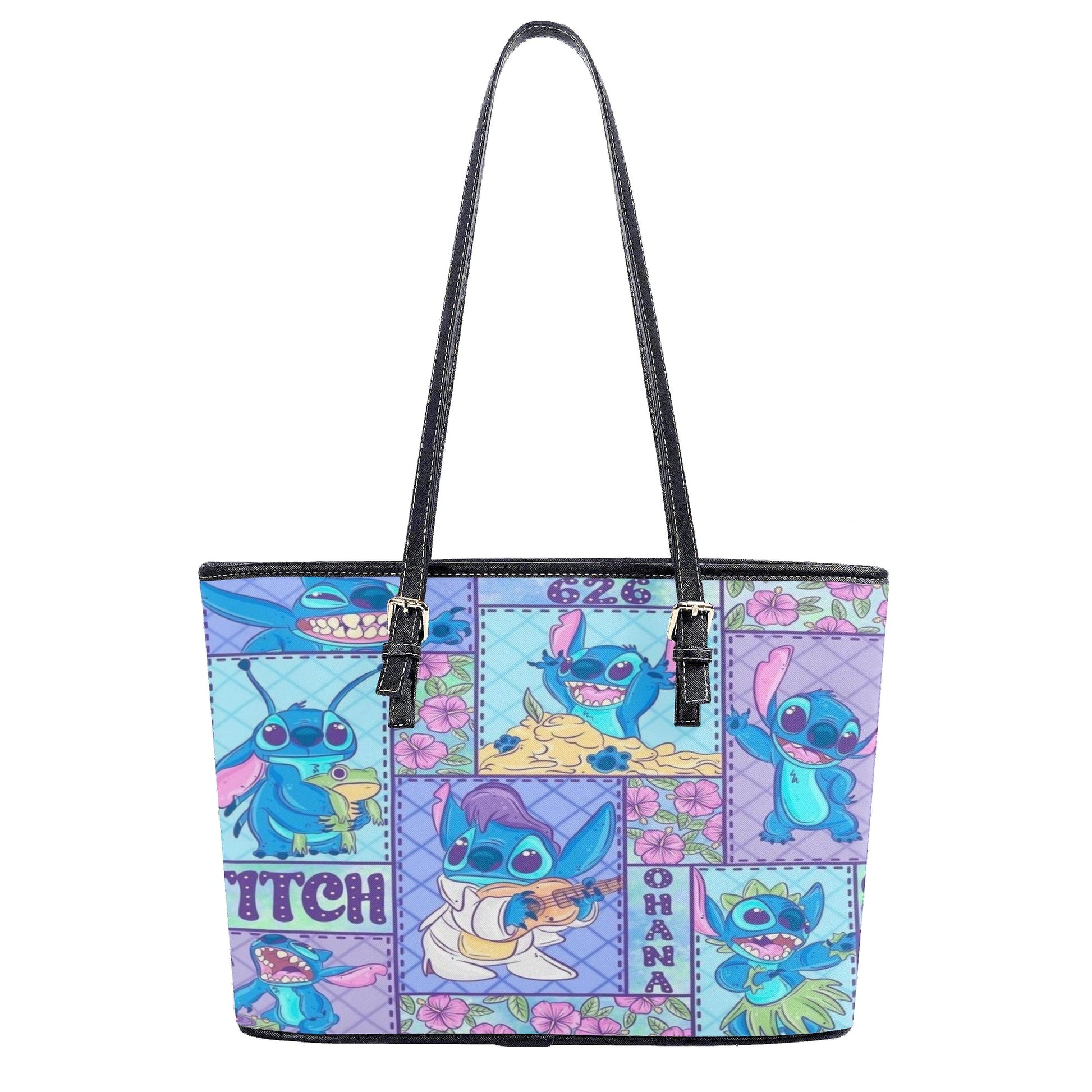 Stitch Ohana Leather Handbag, Cute Cartoon Tote Bag with Hawaiian Flowers & Experiment 626 Print