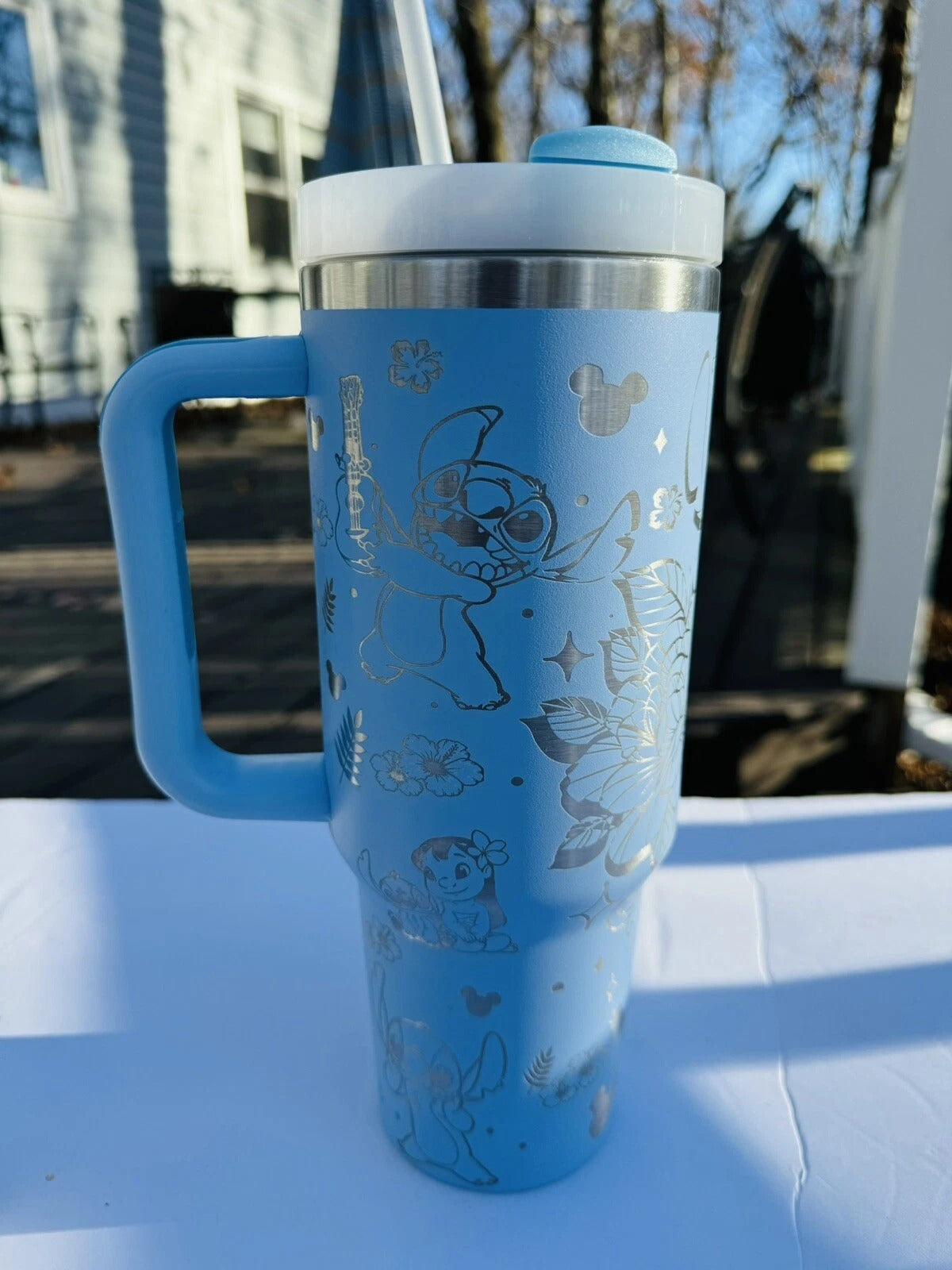Lilo & Stitch Floral Tumbler with Handle – Cute Insulated Travel Mug, Blue Stainless Steel Cup Gift