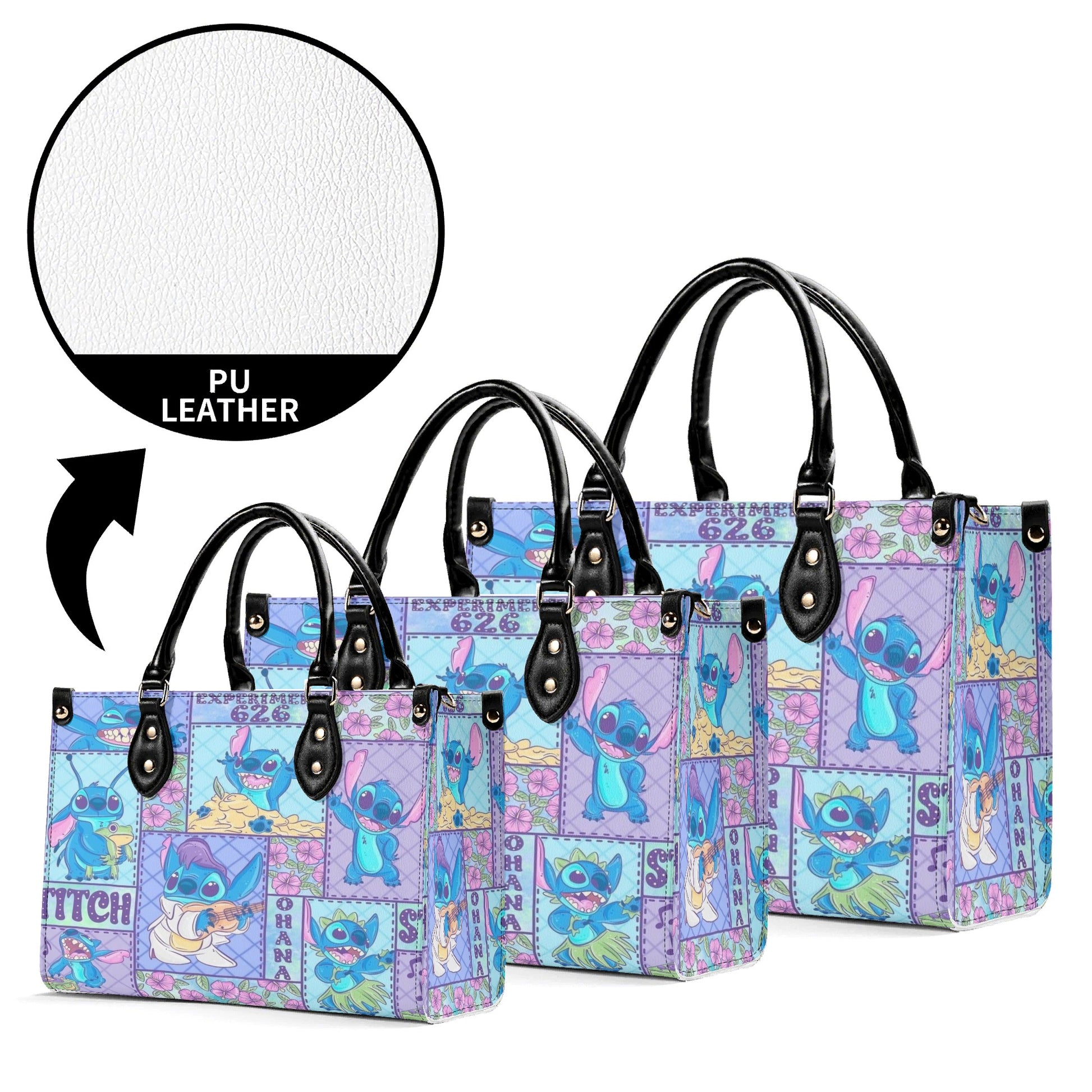 Stitch Ohana Leather Handbag, Cute Cartoon Tote Bag with Hawaiian Flowers & Experiment 626 Print