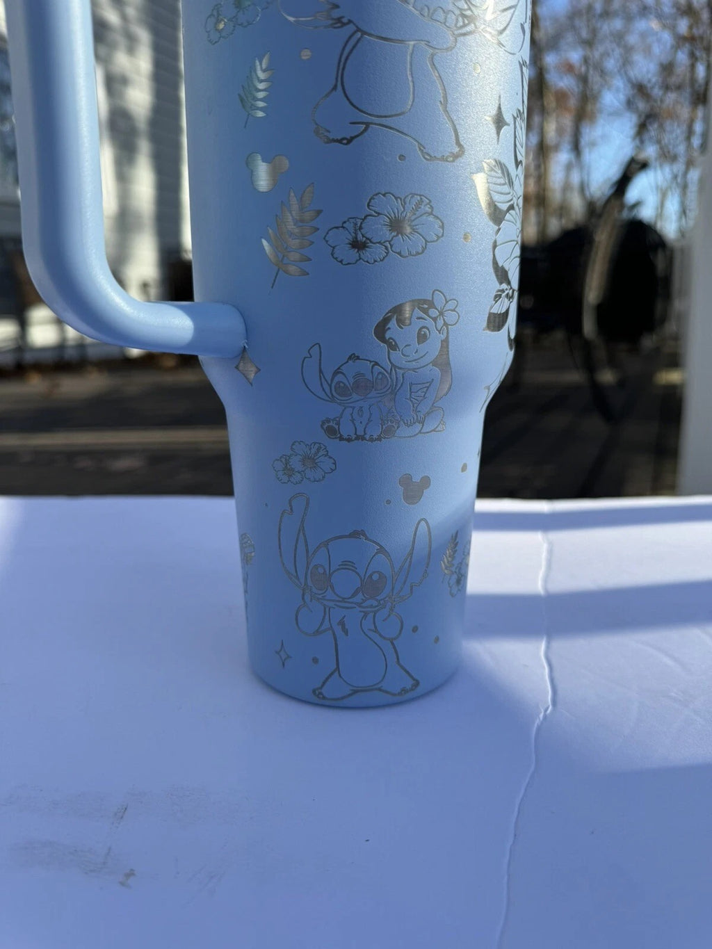 Lilo & Stitch Floral Tumbler with Handle – Cute Insulated Travel Mug, Blue Stainless Steel Cup Gift