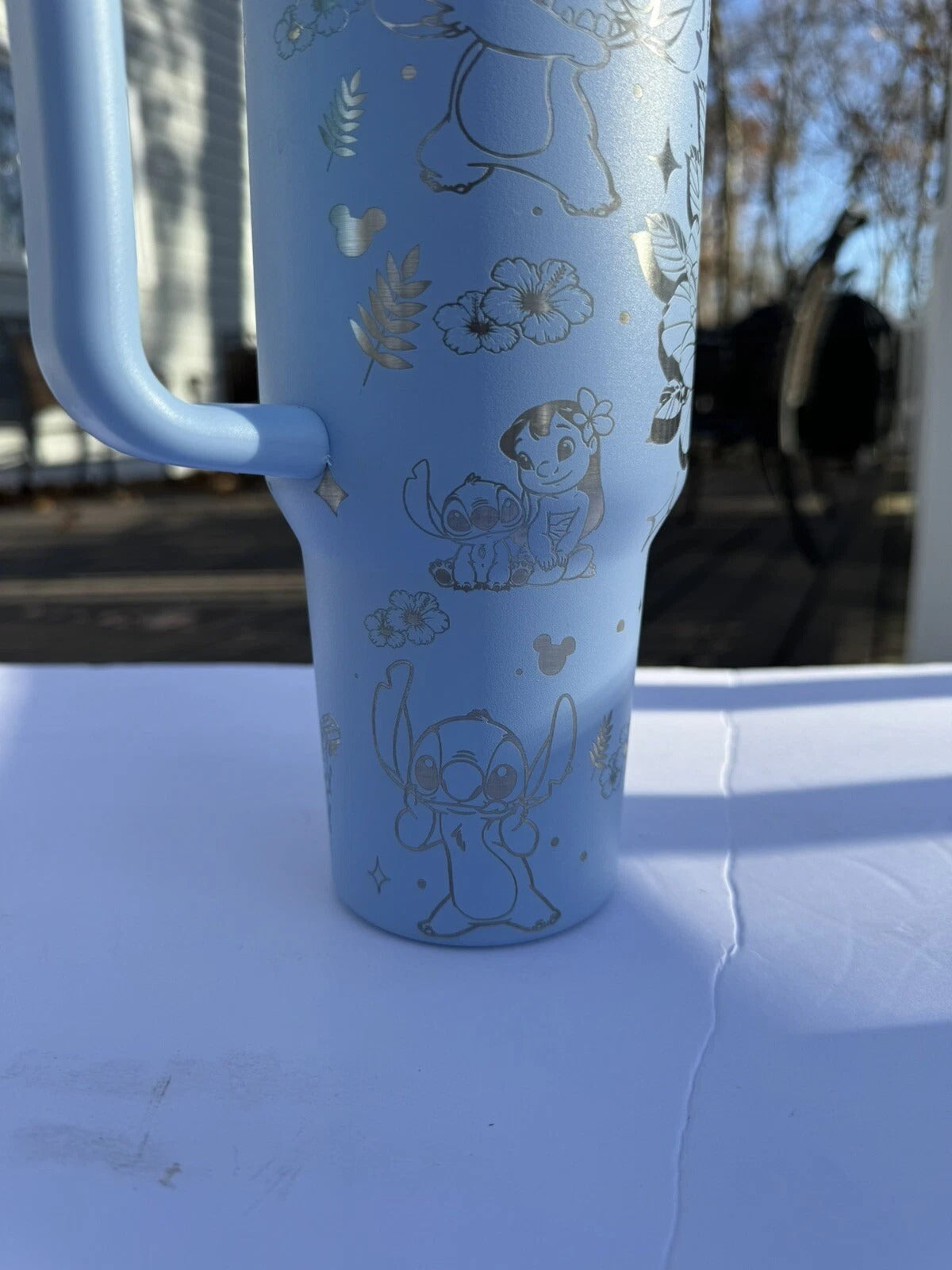 Lilo & Stitch Floral Tumbler with Handle – Cute Insulated Travel Mug, Blue Stainless Steel Cup Gift