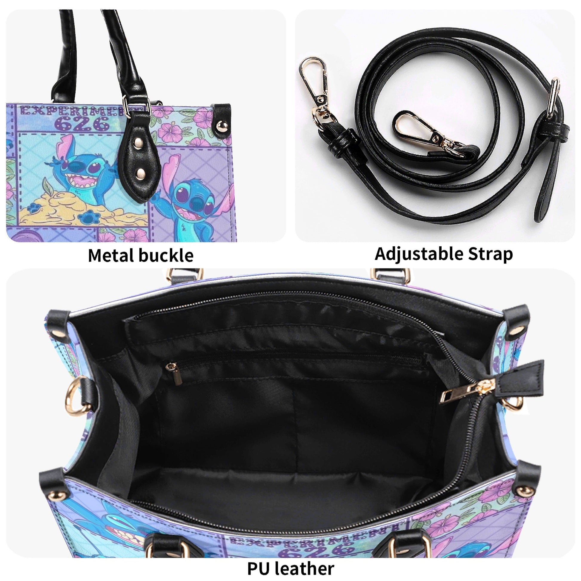 Stitch Ohana Leather Handbag, Cute Cartoon Tote Bag with Hawaiian Flowers & Experiment 626 Print