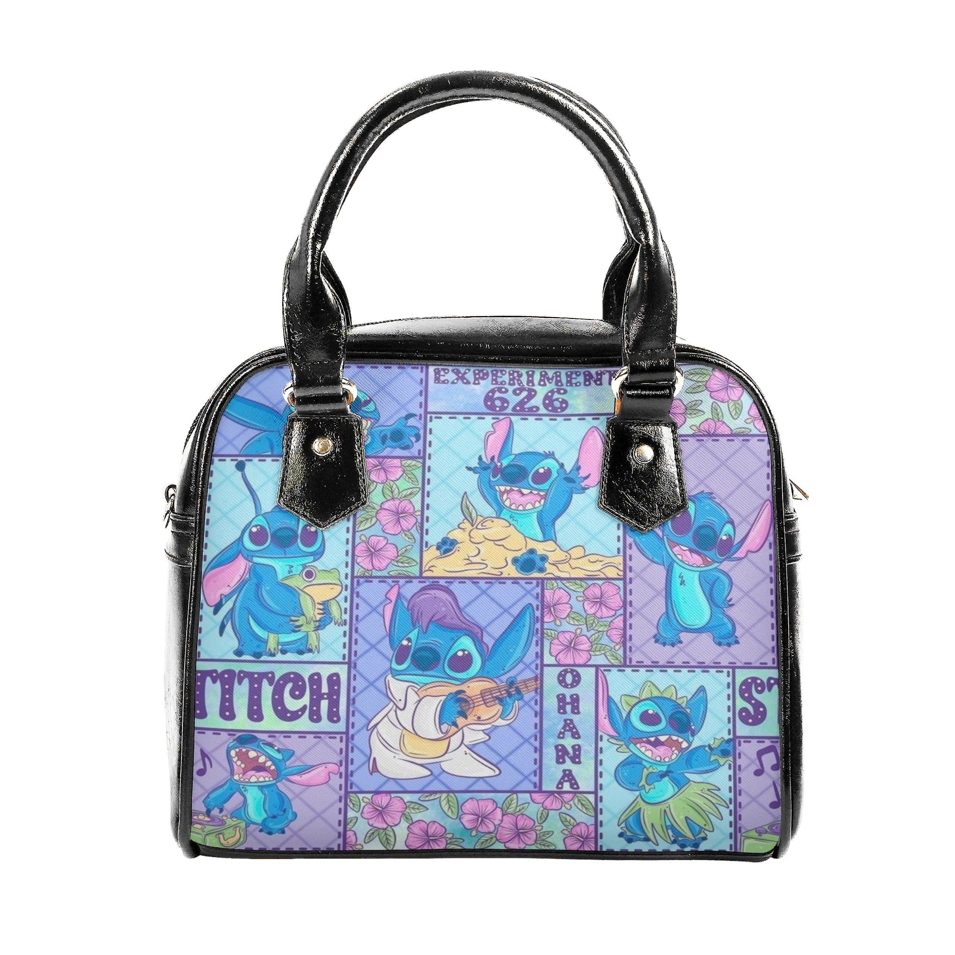 Stitch Ohana Leather Handbag, Cute Cartoon Tote Bag with Hawaiian Flowers & Experiment 626 Print