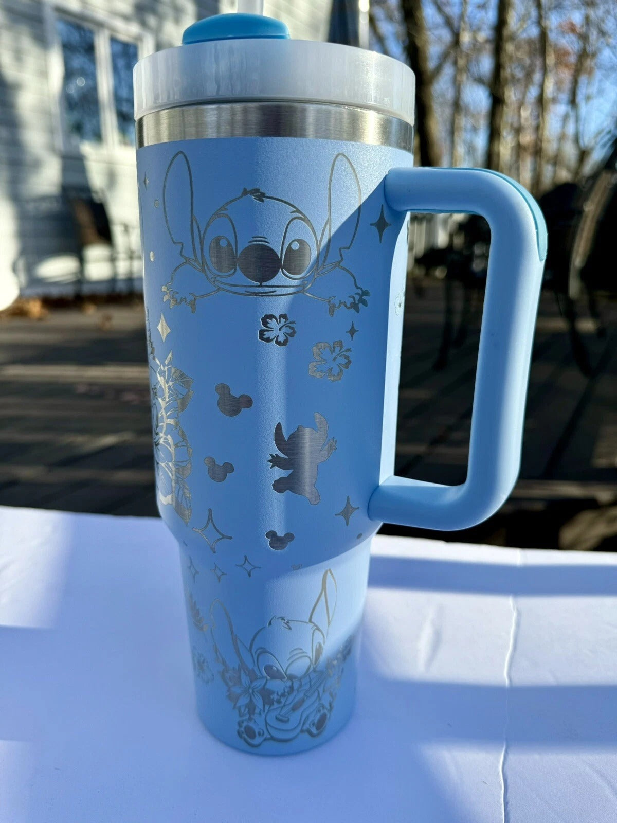Lilo & Stitch Floral Tumbler with Handle – Cute Insulated Travel Mug, Blue Stainless Steel Cup Gift