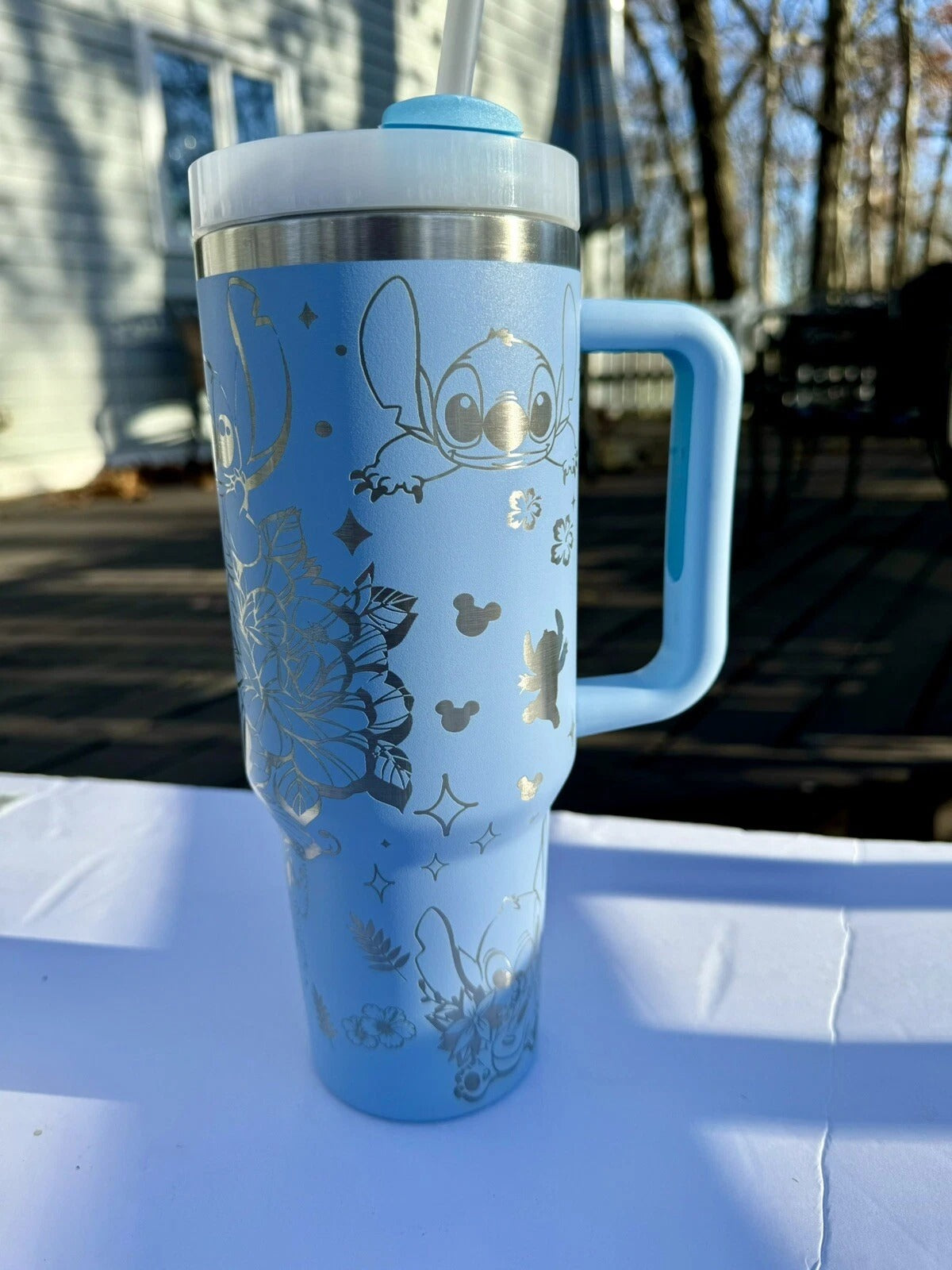 Lilo & Stitch Floral Tumbler with Handle – Cute Insulated Travel Mug, Blue Stainless Steel Cup Gift