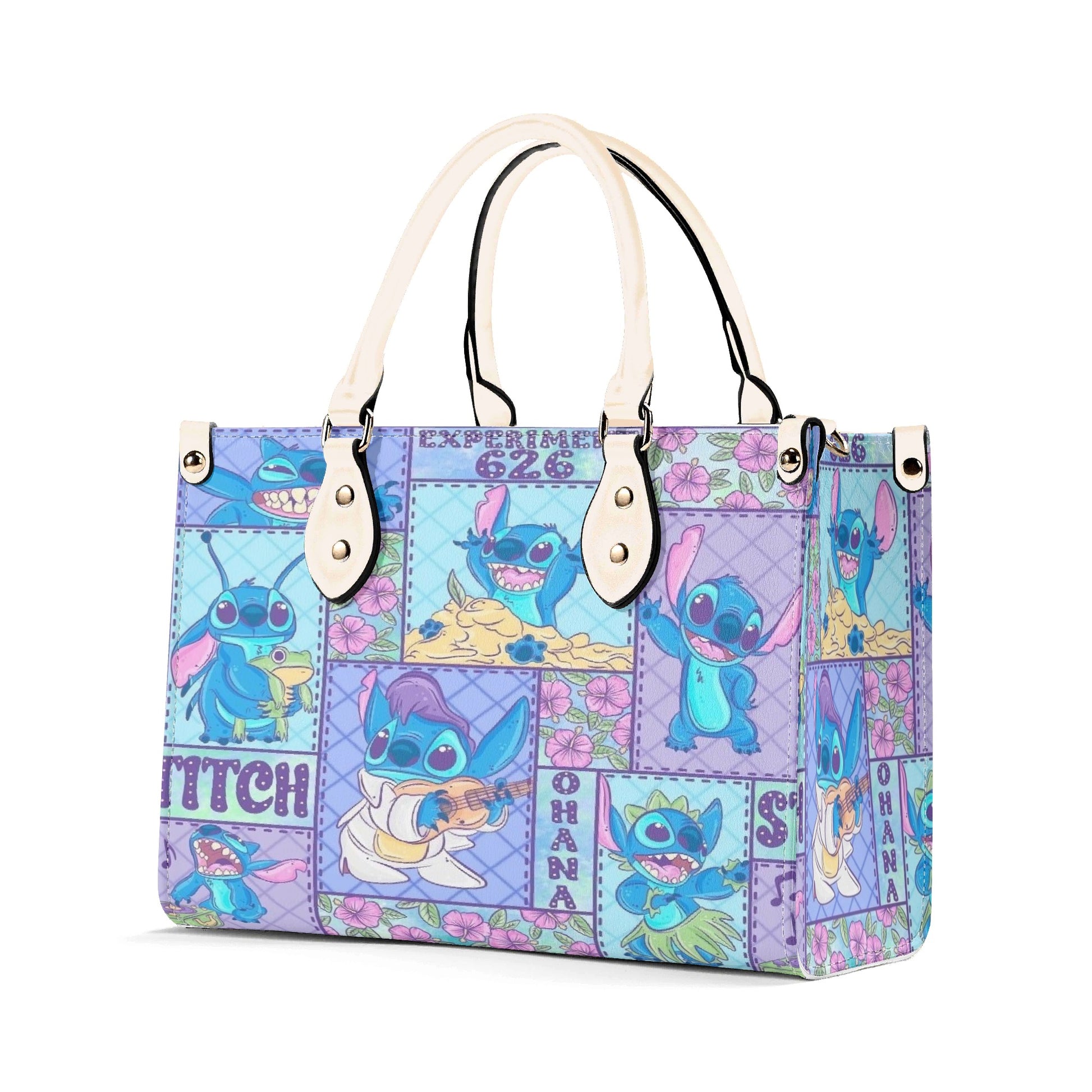 Stitch Ohana Leather Handbag, Cute Cartoon Tote Bag with Hawaiian Flowers & Experiment 626 Print