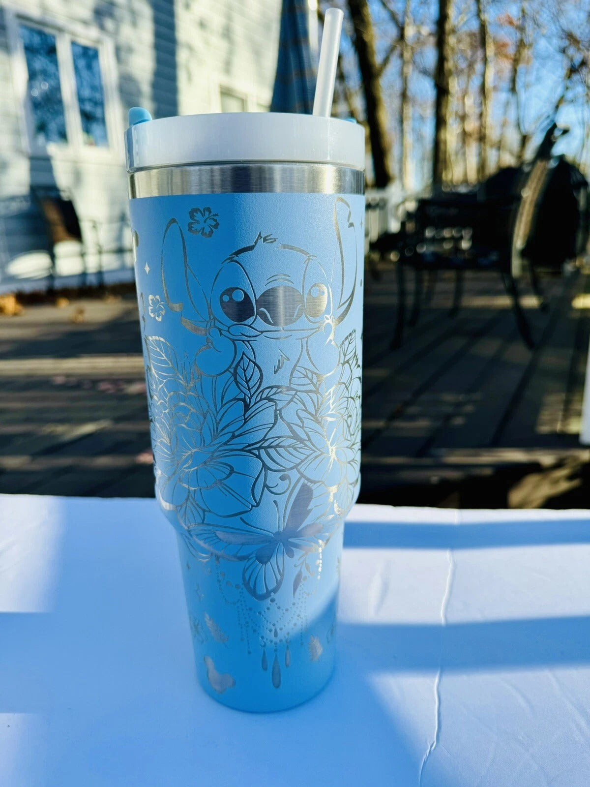Lilo & Stitch Floral Tumbler with Handle – Cute Insulated Travel Mug, Blue Stainless Steel Cup Gift