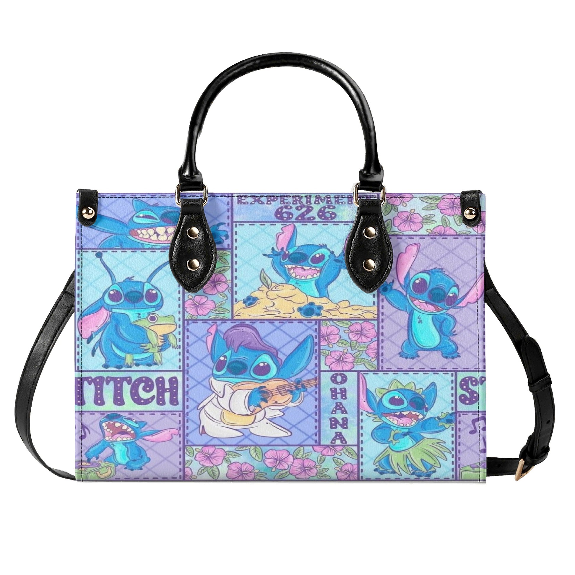 Stitch Ohana Leather Handbag, Cute Cartoon Tote Bag with Hawaiian Flowers & Experiment 626 Print