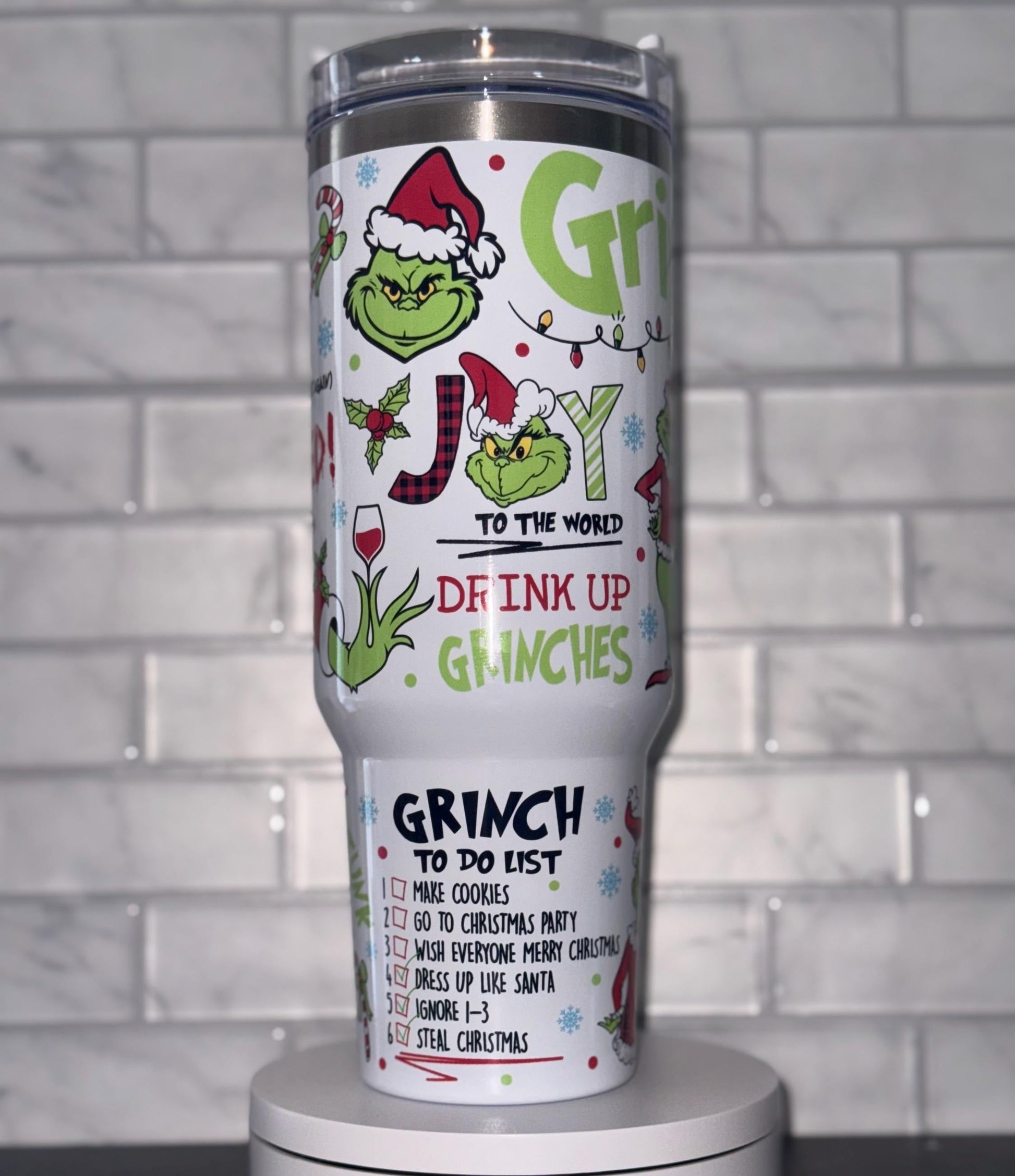 White Grinch Christmas Tumbler, Retro Grinch Pattern, Funny Holiday Gift, Insulated Travel Mug with Handle