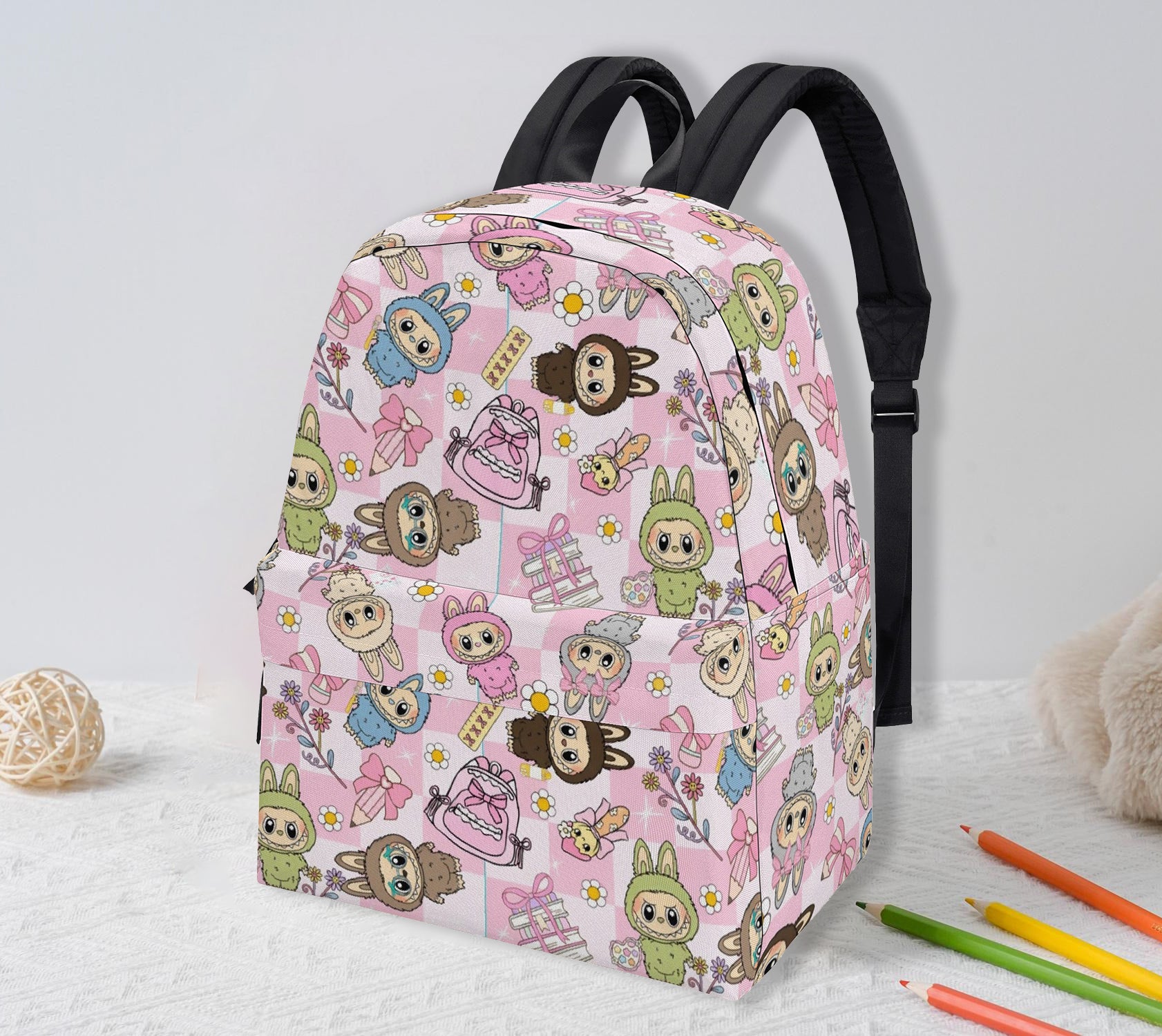 Tea Party Labubu Backpack, Kawaii Pink Cartoon School Bag with Cakes, Gifts & Flowers, Cute Girly Bookbag for Kids & Fans BPGR06