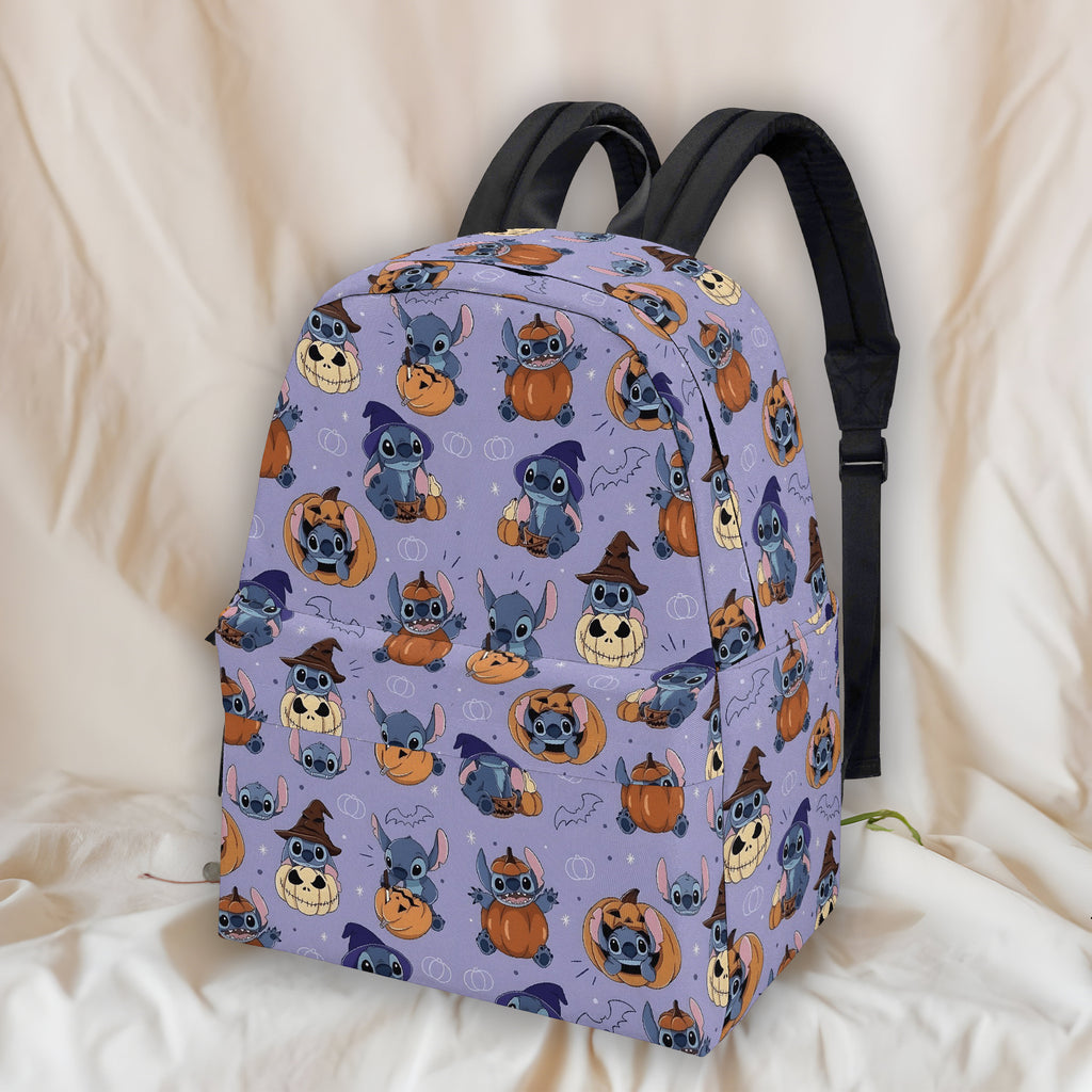Stitch Halloween Backpack, Cute Pumpkin Witch Print School Bag, Spooky Cartoon Travel Backpack BPGR15