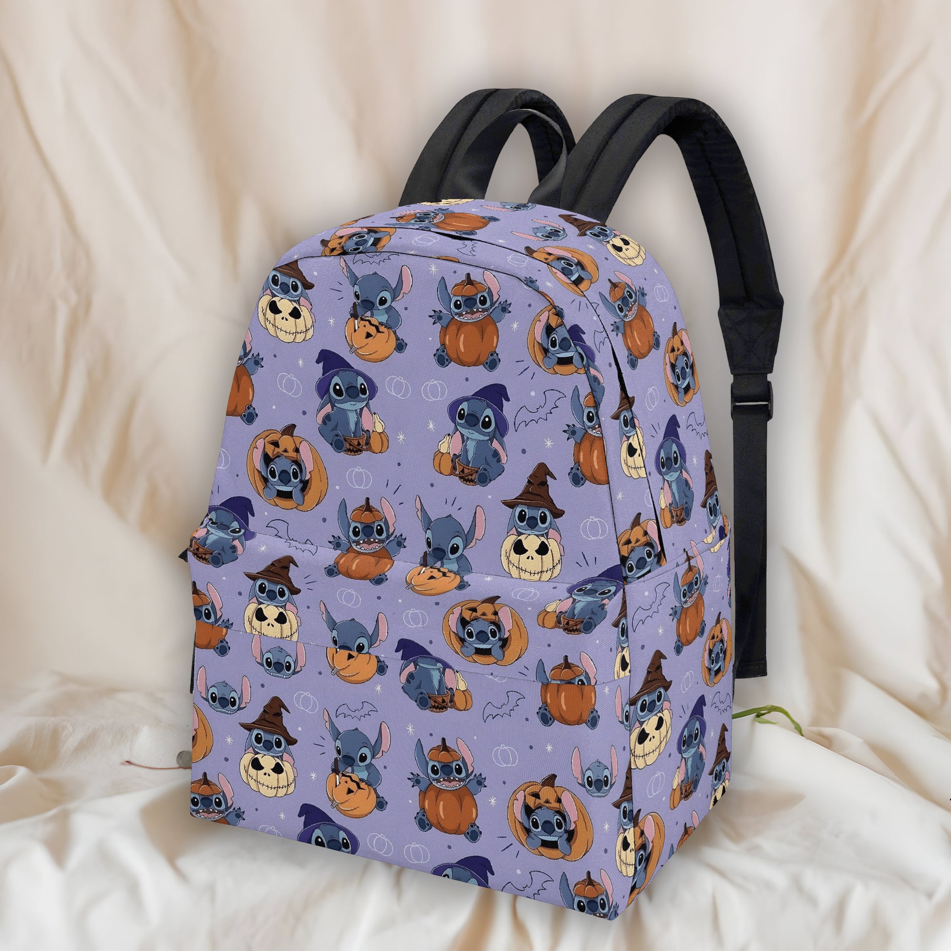 Stitch Halloween Backpack, Cute Pumpkin Witch Print School Bag, Spooky Cartoon Travel Backpack BPGR15