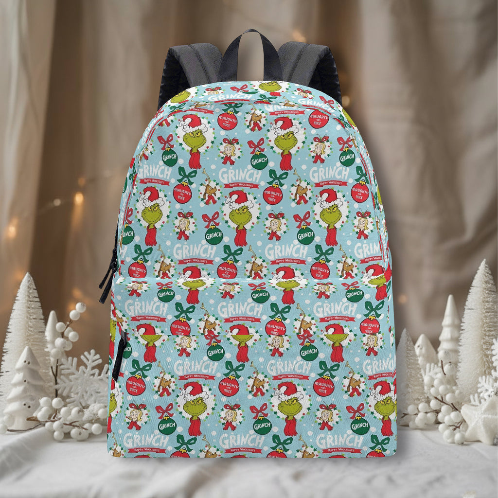 Grinch Backpack Blue, Retro Christmas Collage Pattern, Cute Holiday Gift, Winter Travel School Bag, Christmas Gifts BPGR35