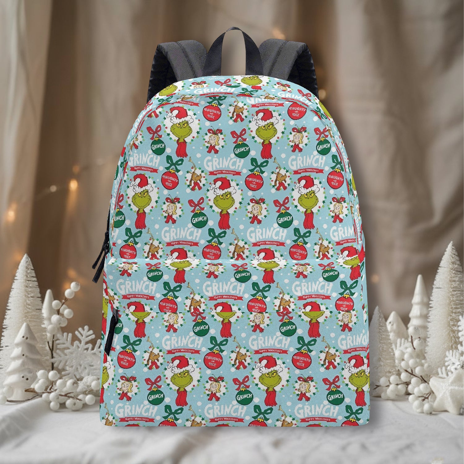 Grinch Backpack Blue, Retro Christmas Collage Pattern, Cute Holiday Gift, Winter Travel School Bag, Christmas Gifts BPGR35