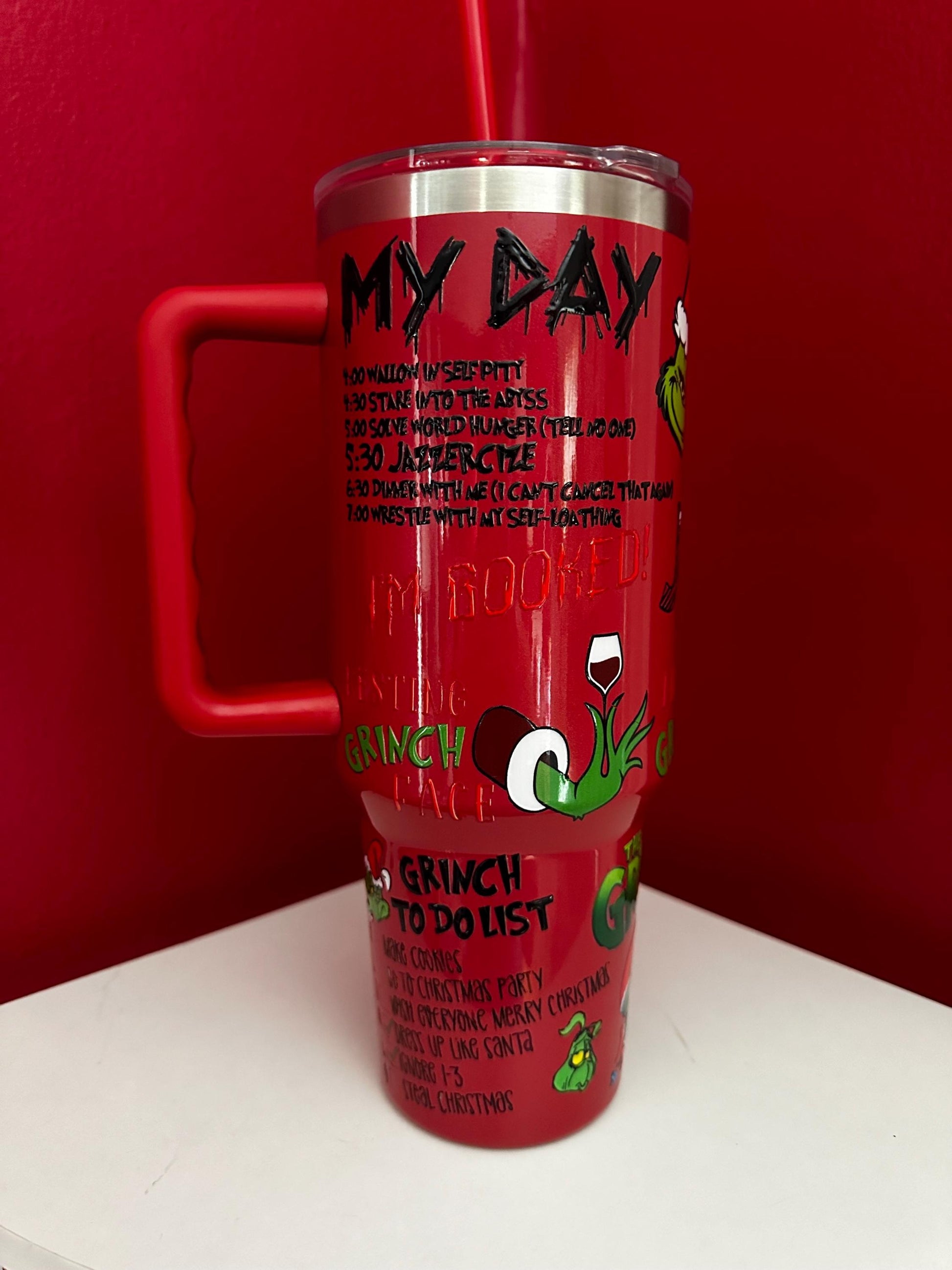 Red Grinch Tumbler Cup, Christmas Quote Pattern, Funny Holiday Mug with Straw, Cute Gift for Grinch Lovers