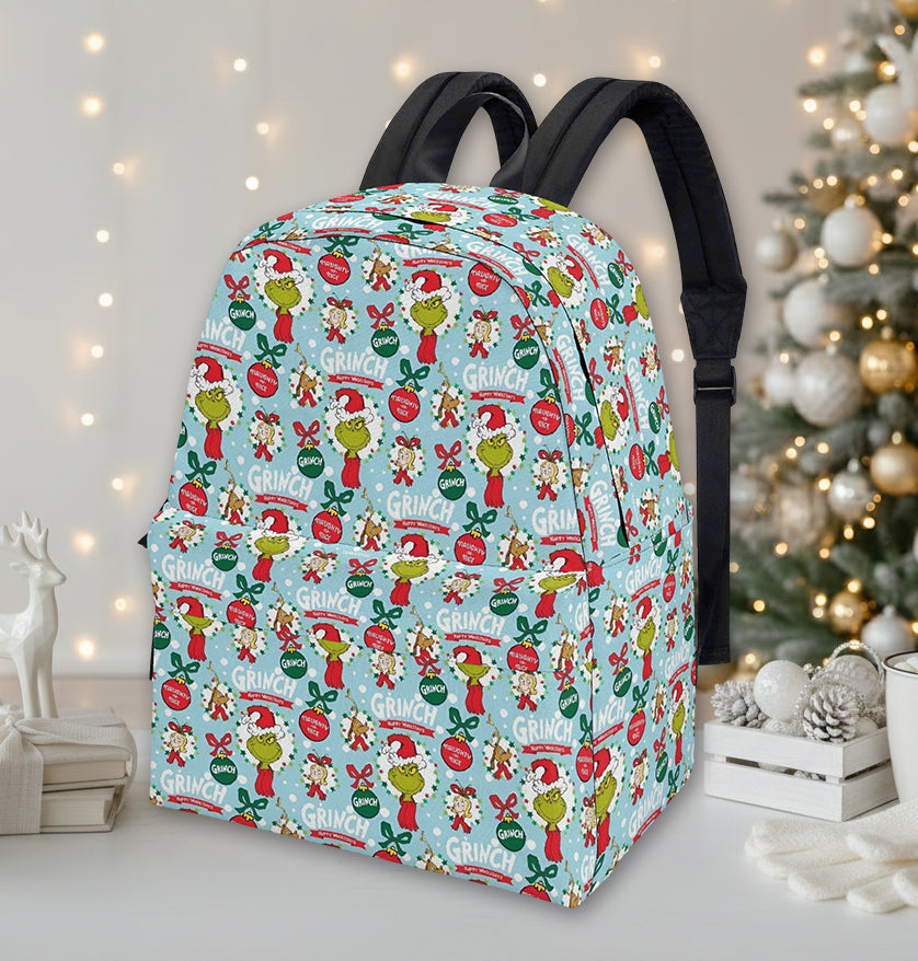 Grinch Backpack Blue, Retro Christmas Collage Pattern, Cute Holiday Gift, Winter Travel School Bag, Christmas Gifts BPGR35