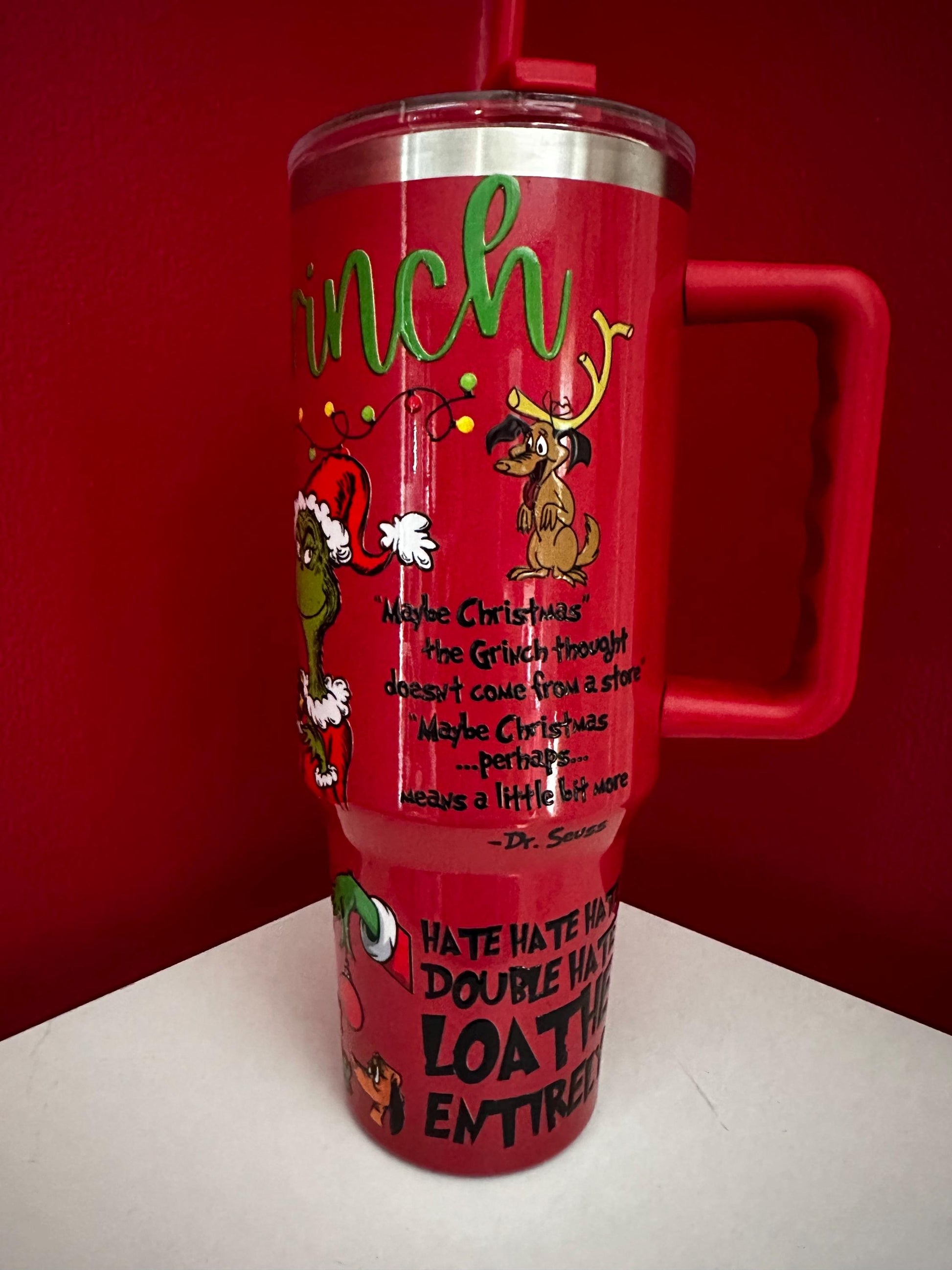 Red Grinch Tumbler Cup, Christmas Quote Pattern, Funny Holiday Mug with Straw, Cute Gift for Grinch Lovers