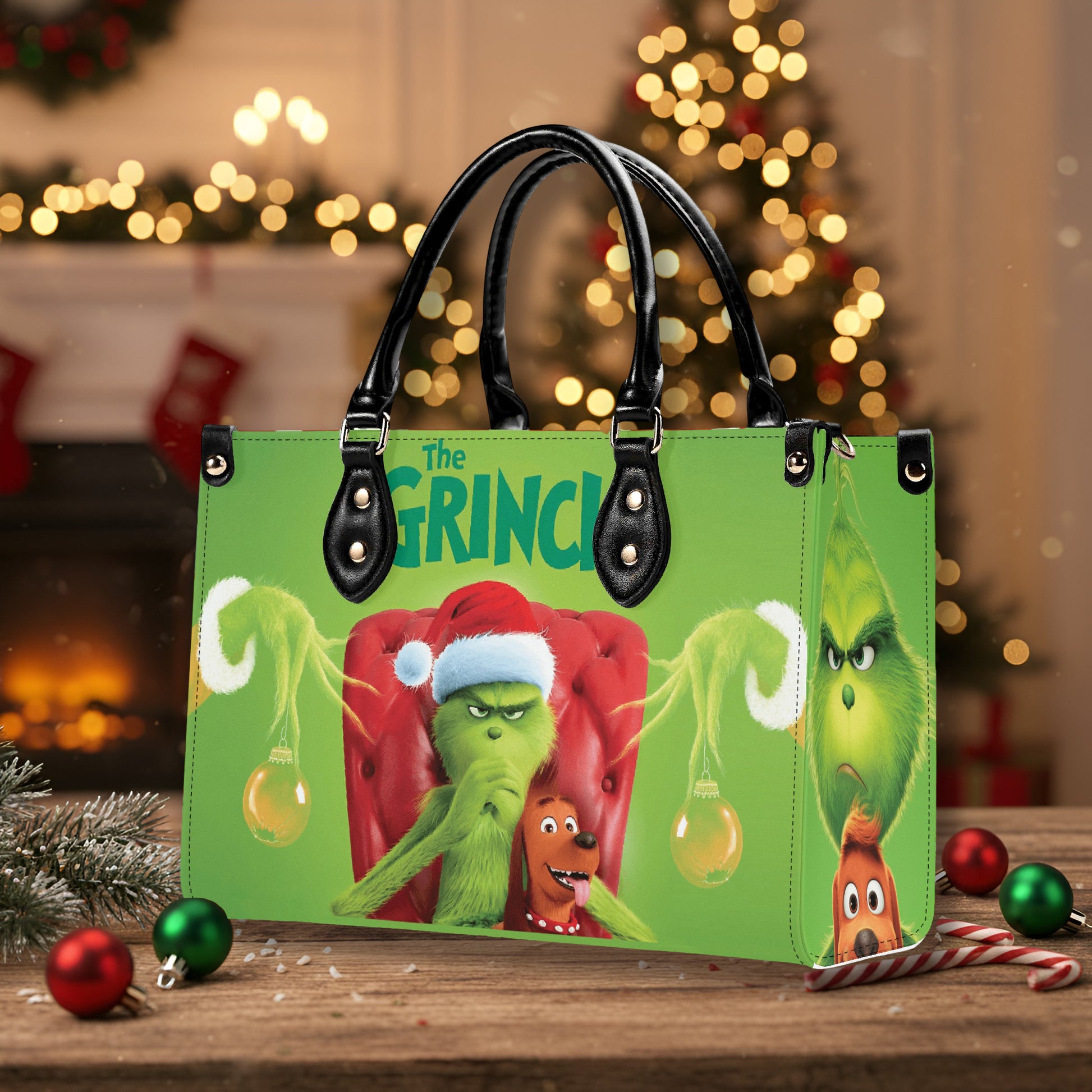 Classic Grinch Santa HandBag, Green Christmas Purse, Funny Holiday Leather Bag, Grinch and Max Design, Festive Gift