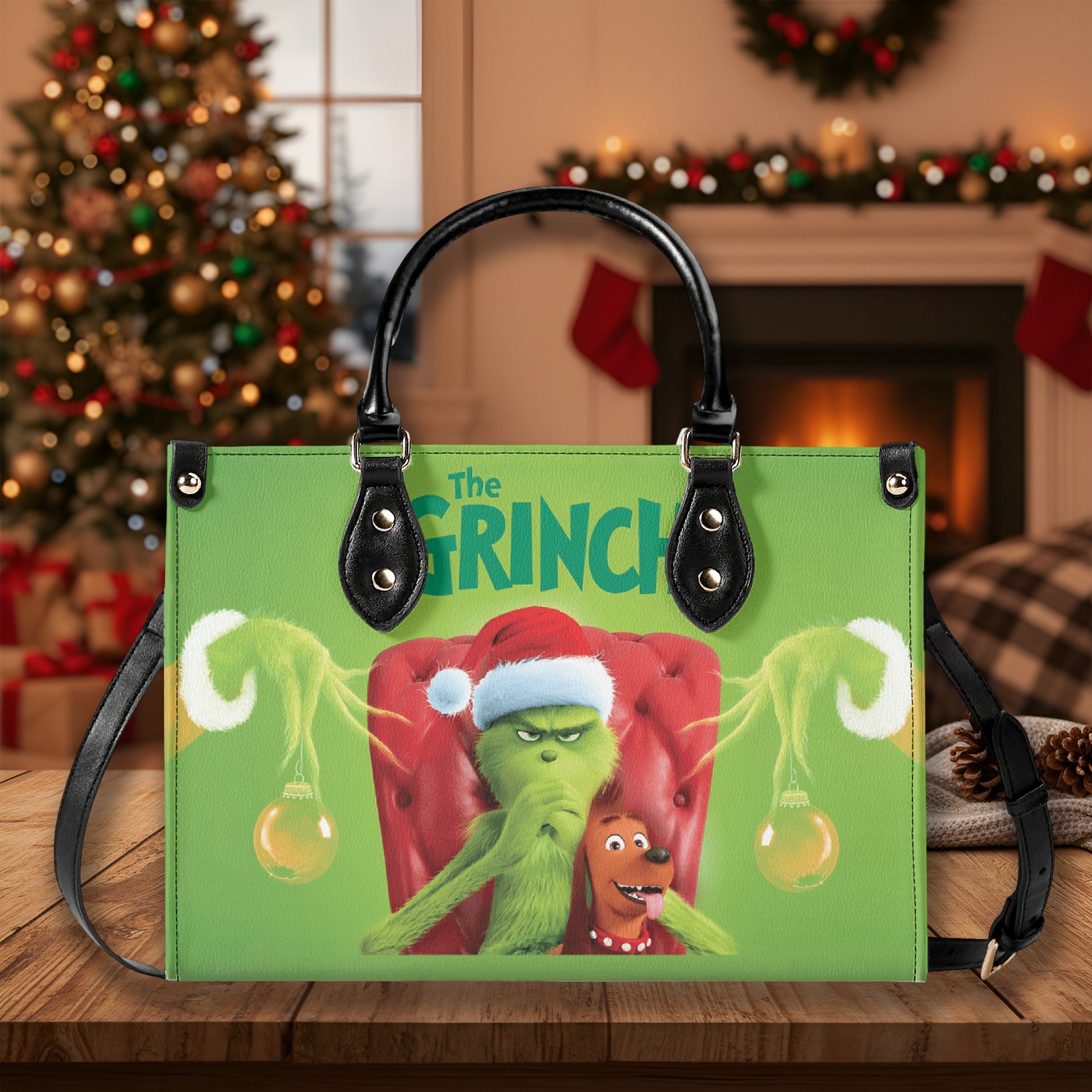 Classic Grinch Santa HandBag, Green Christmas Purse, Funny Holiday Leather Bag, Grinch and Max Design, Festive Gift