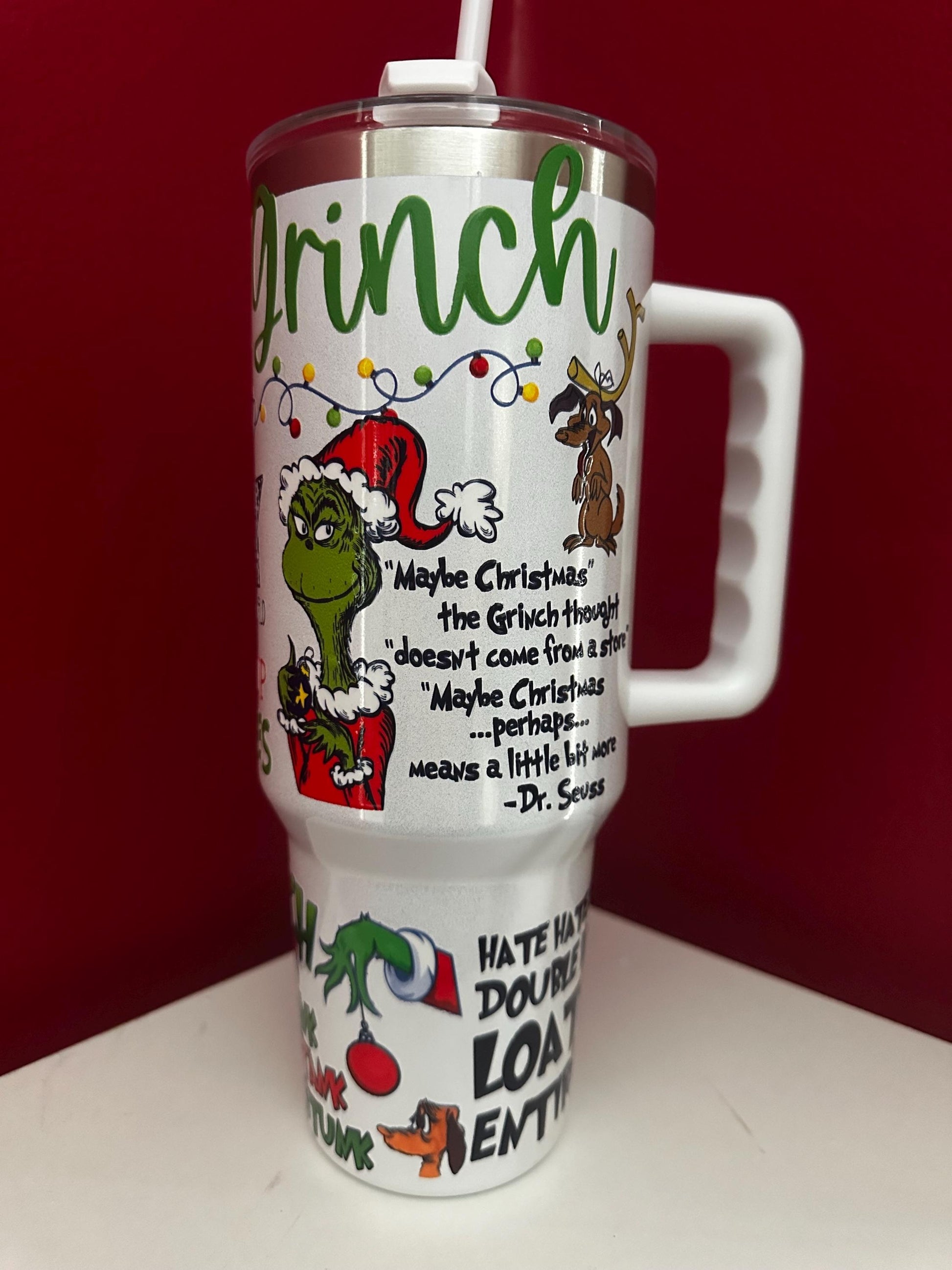 Red Grinch Tumbler Cup, Christmas Quote Pattern, Funny Holiday Mug with Straw, Cute Gift for Grinch Lovers
